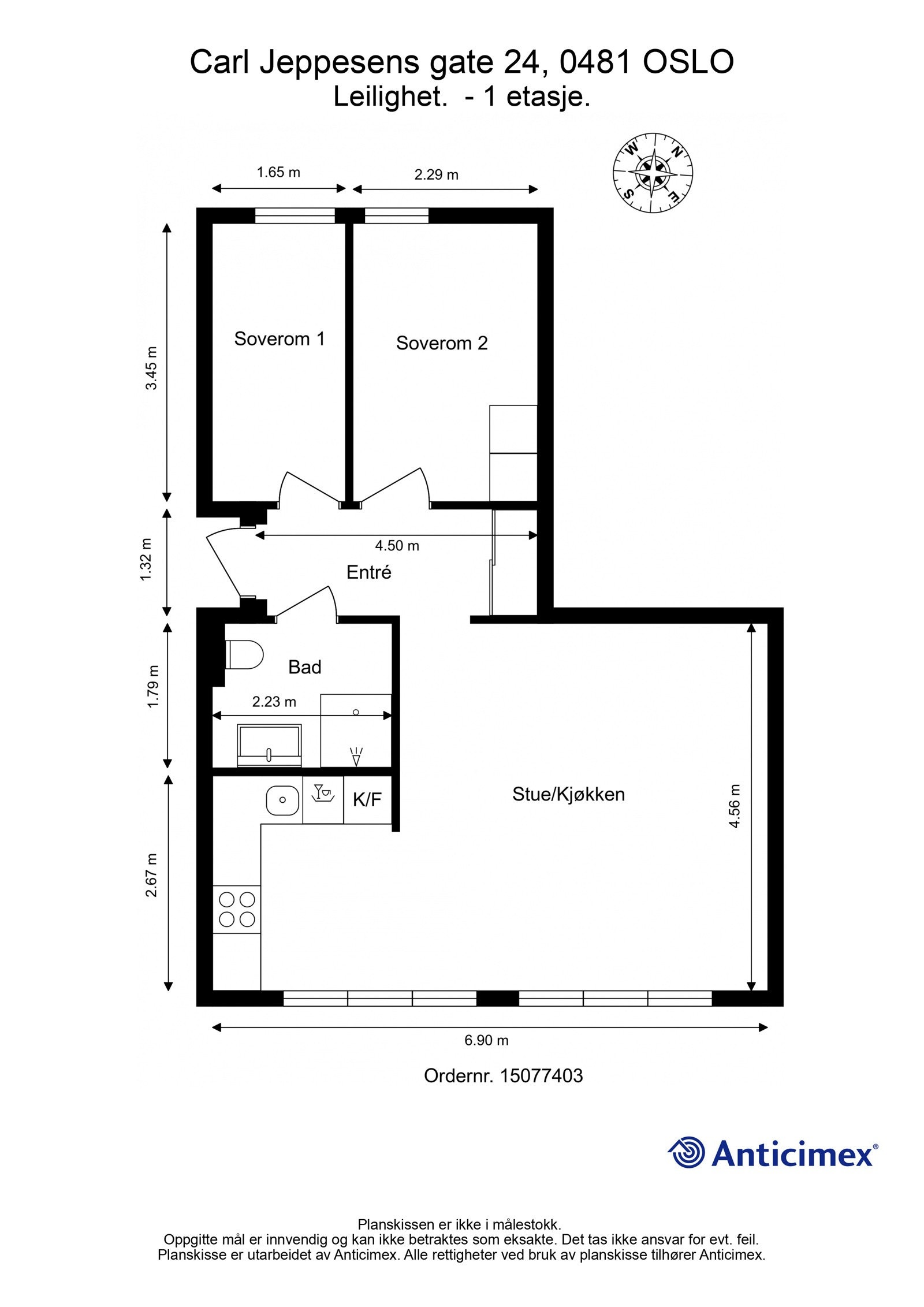 Plantegning. I tillegg disponerer leiligheten en kjellerbod på ca. 7m². Galleribilde