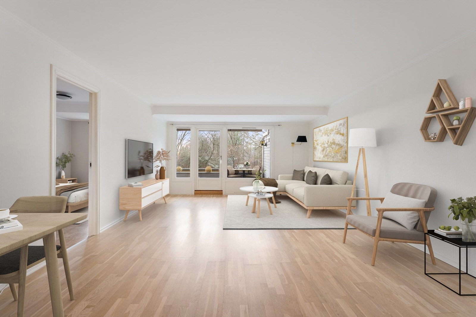 Lys og hyggelig stue. Bildet er digitalt stylet. Foto: Zovenfra AS Galleribilde