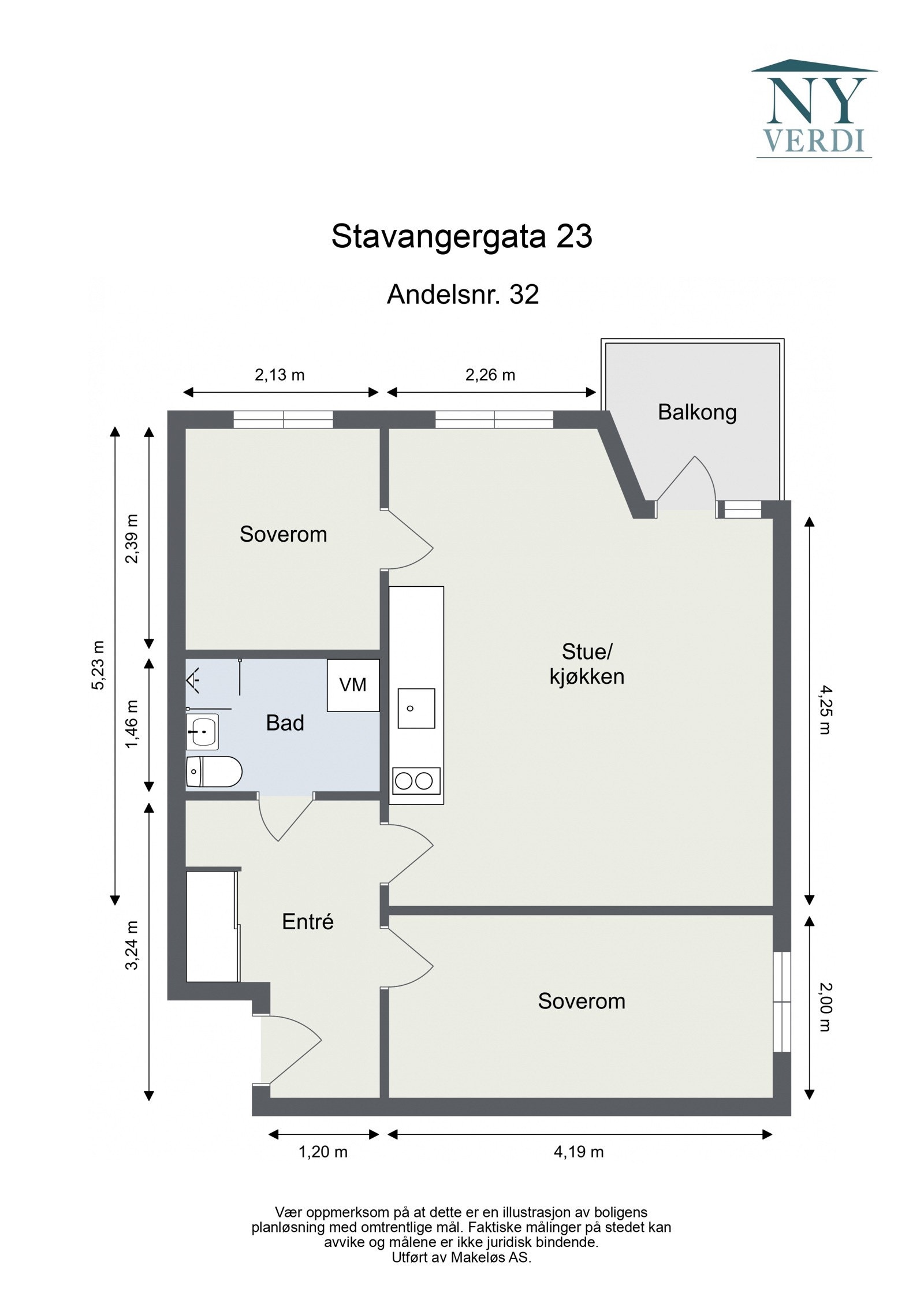 Plantegning 4. etasje. I tillegg disponerer leiligheten en loftsbod på ca. 1,3m². Heis i bygget. Galleribilde