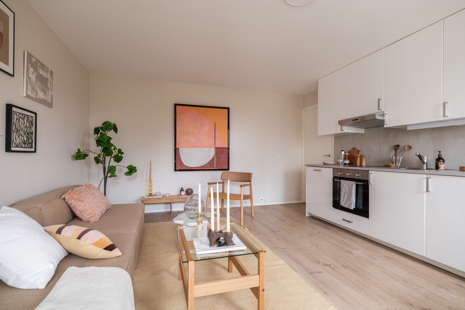 God standard med moderne enstavs laminat på gulv, skjult elektrisk anlegg og glatte overflater malt i en lys og innbydende farge. Galleribilde