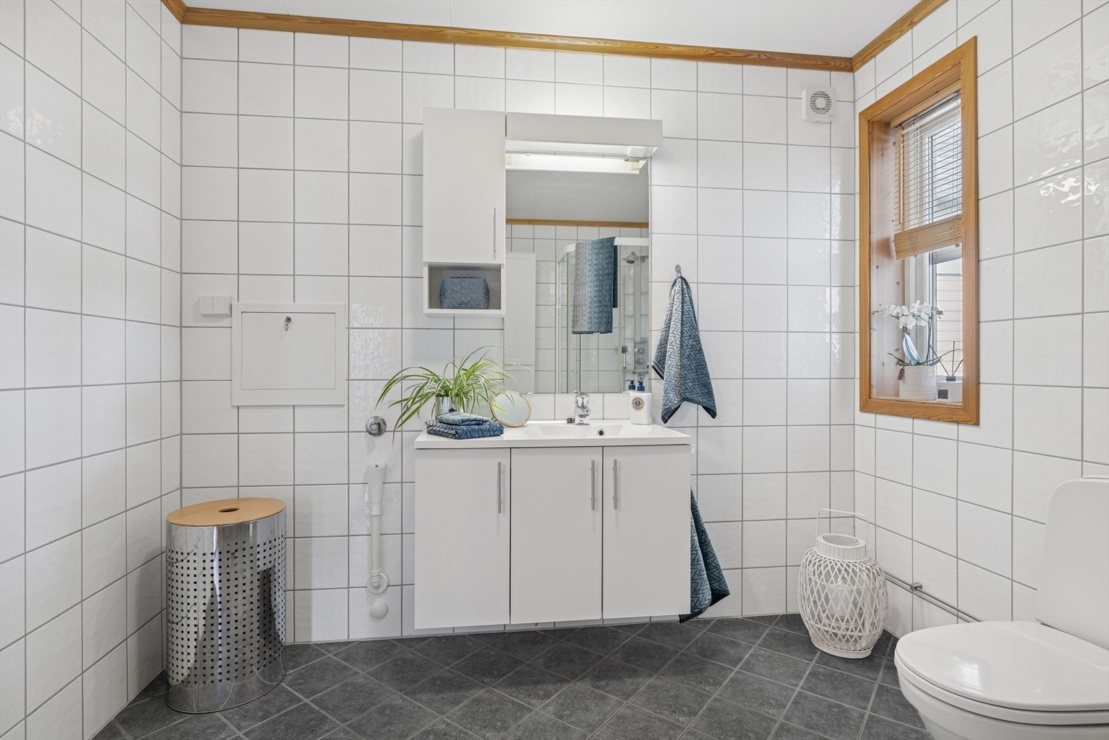 Rommet er praktisk innredet med gulvmontert toalett, servant med ettgreps armatur, speil med integrert belysning og et tett dusjkabinett som gir god beskyttelse mot vannsprut. Galleribilde