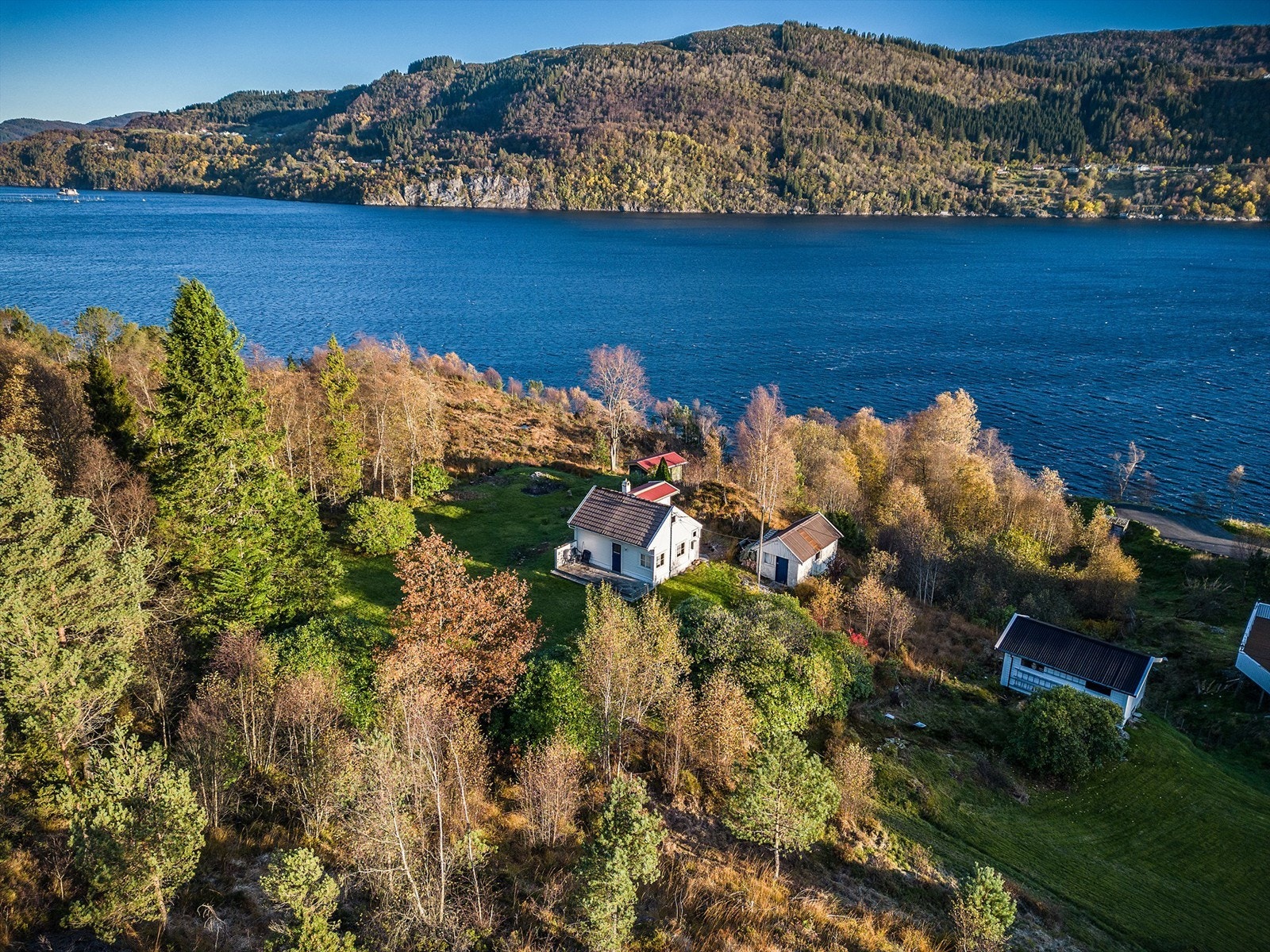 Dronefoto over eiendommen og nabolaget Galleribilde