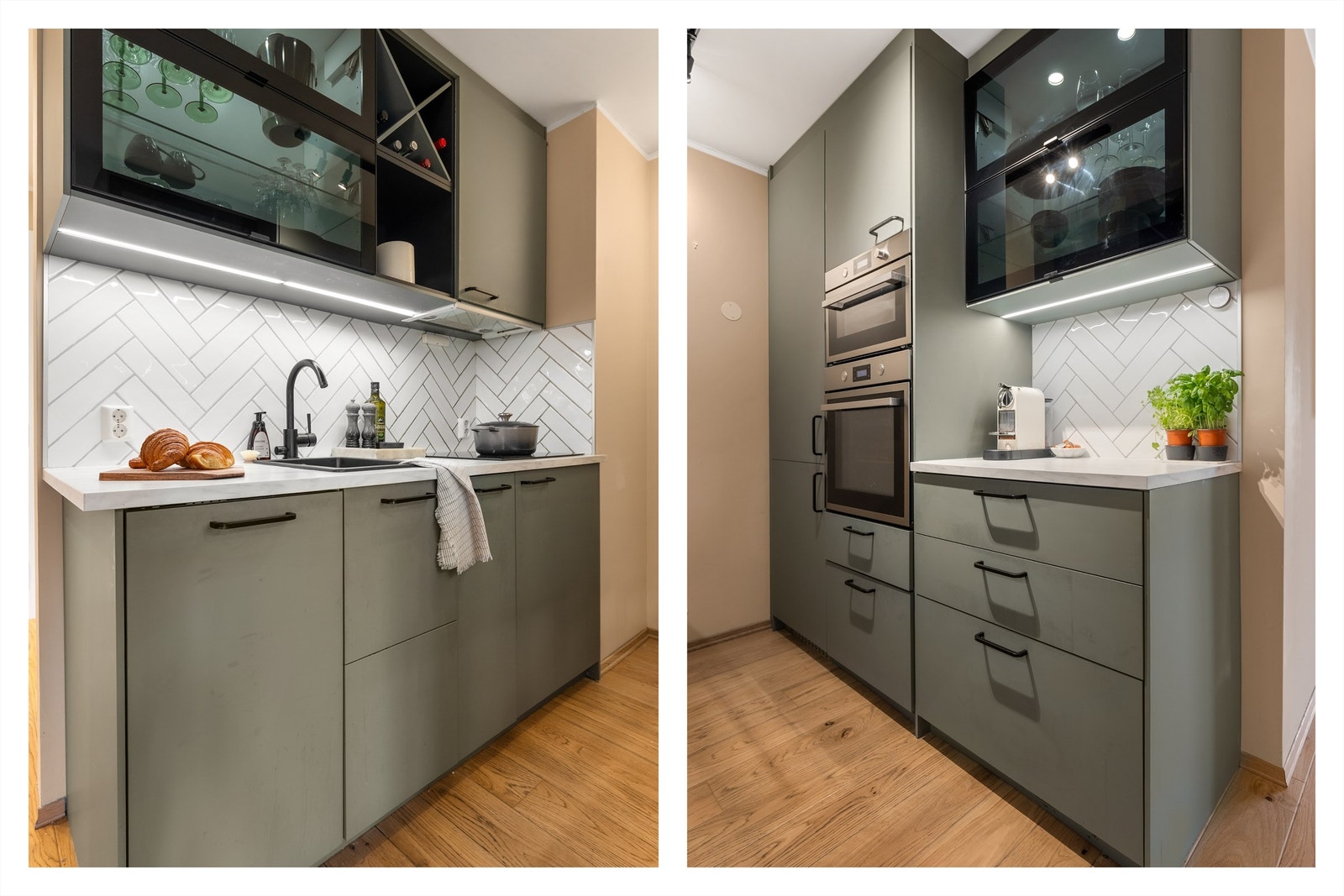 Hvitevarene er sømløst integrert i innredningen, og består av induksjonstopp, stekeovn, micro, oppvaskmaskin og kombinert kjøl og frys. Galleribilde