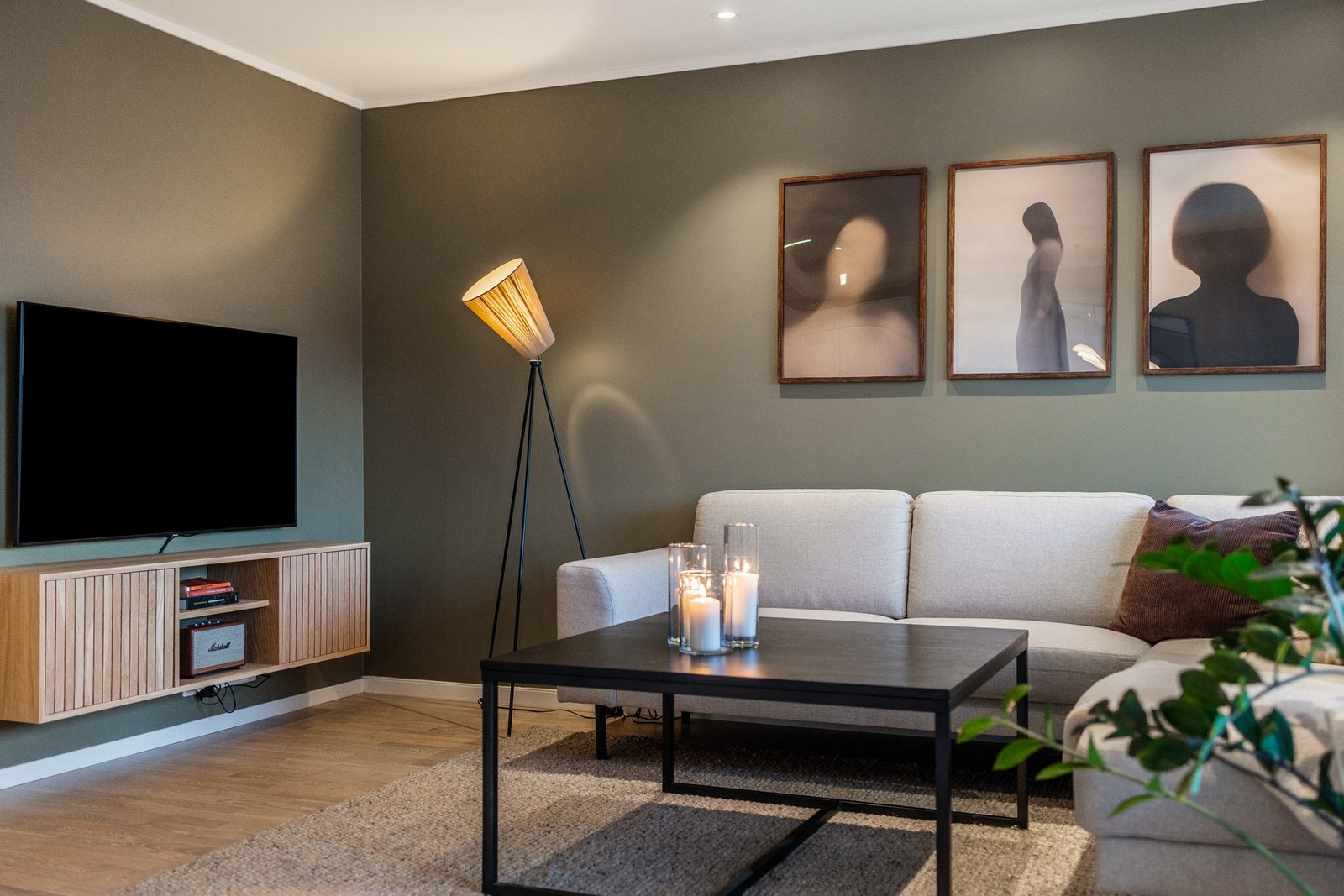 Veggene er malt i farger som skaper en lunere og mer hjemmekoselig leilighet enn i standard "hvit". Galleribilde