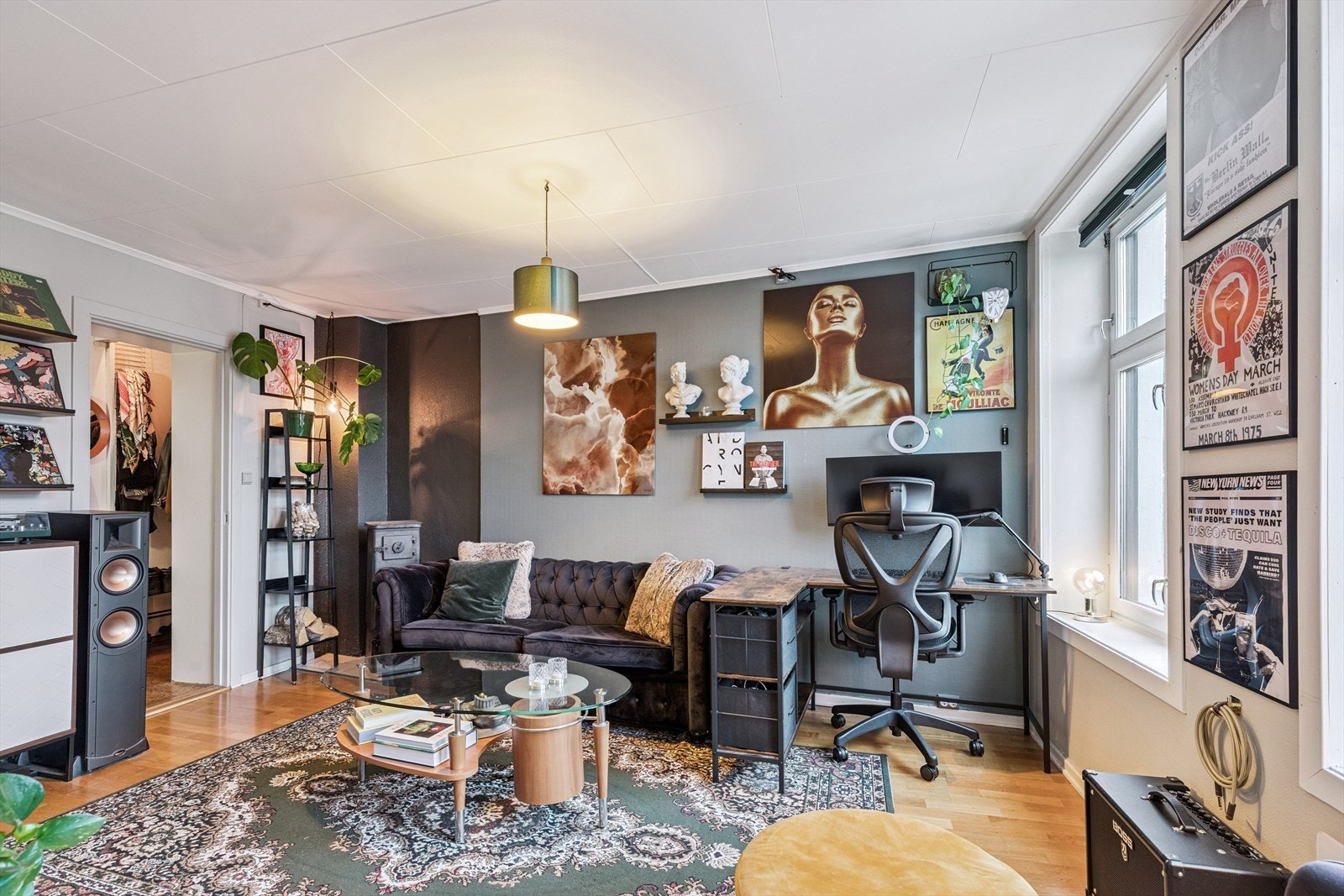 Koselig og lys stue med vedovn. Galleribilde