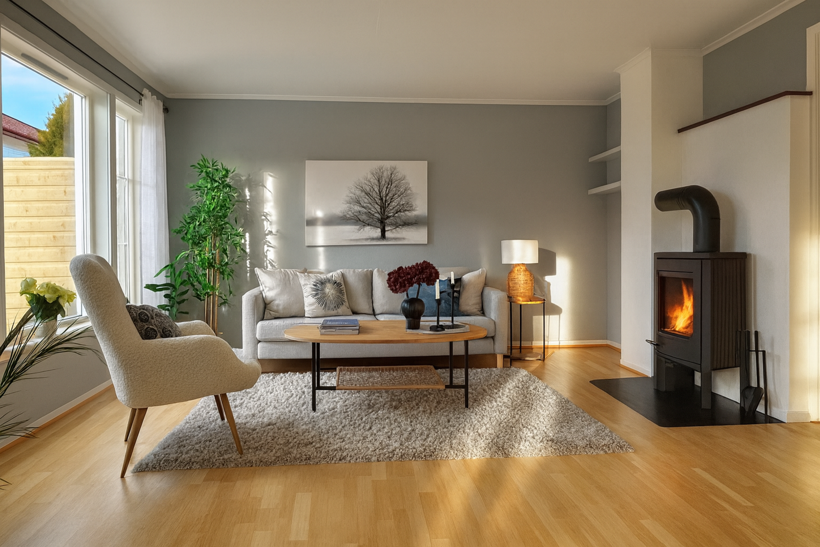 Stuen er lys og pen med behagelig farge og eikeparkett. Galleribilde