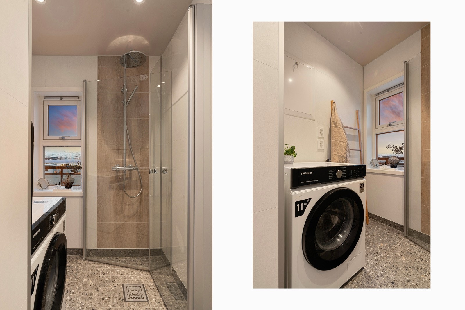 Lekkert bad fra 2024 med dusjhjørne, vegghengt toalett og opplegg for vaskemaskin. Galleribilde