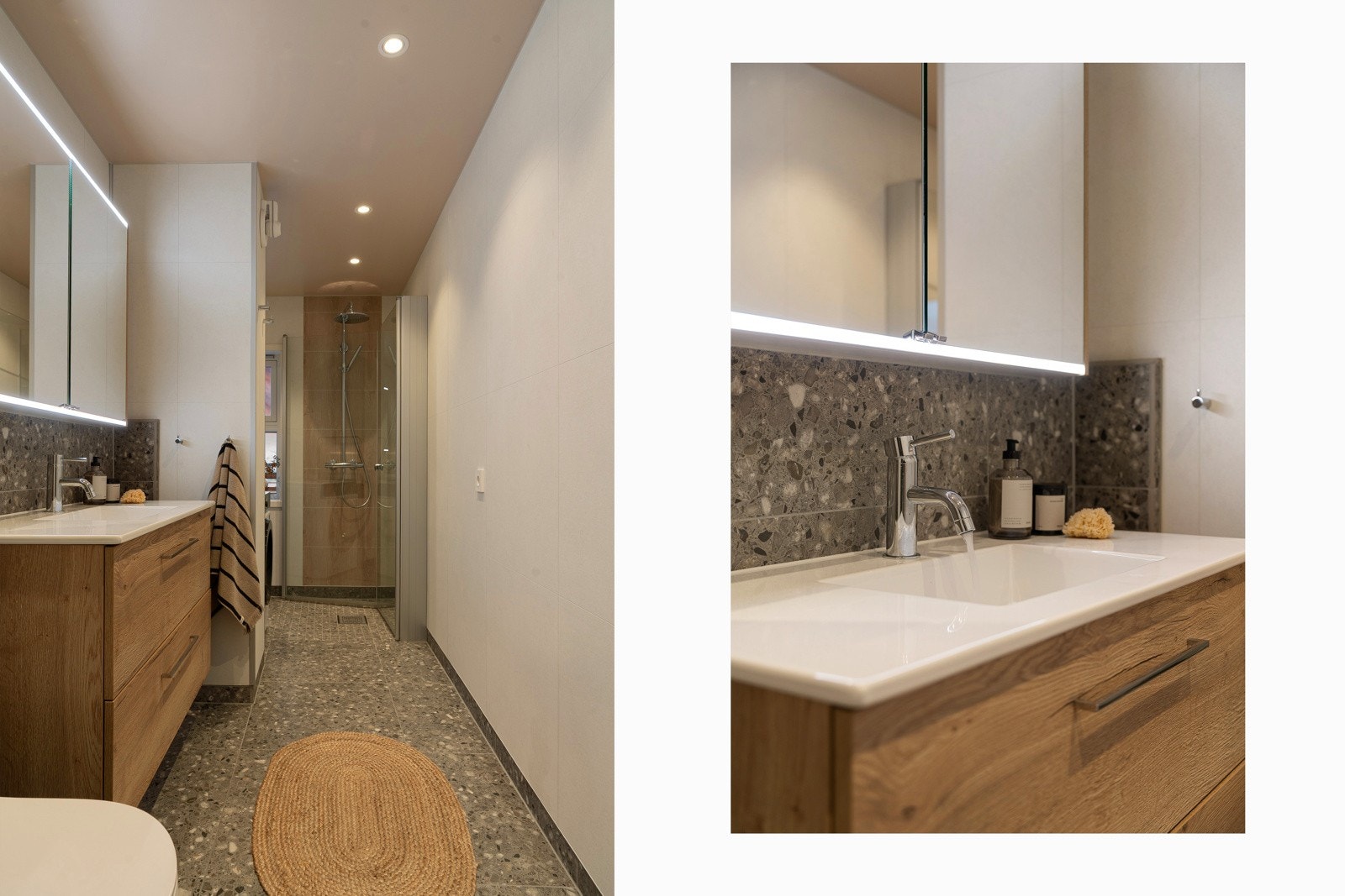 Innredning med heldekkende servant og ett-greps blandebatteri og vegghengt speilskap med lys. Galleribilde