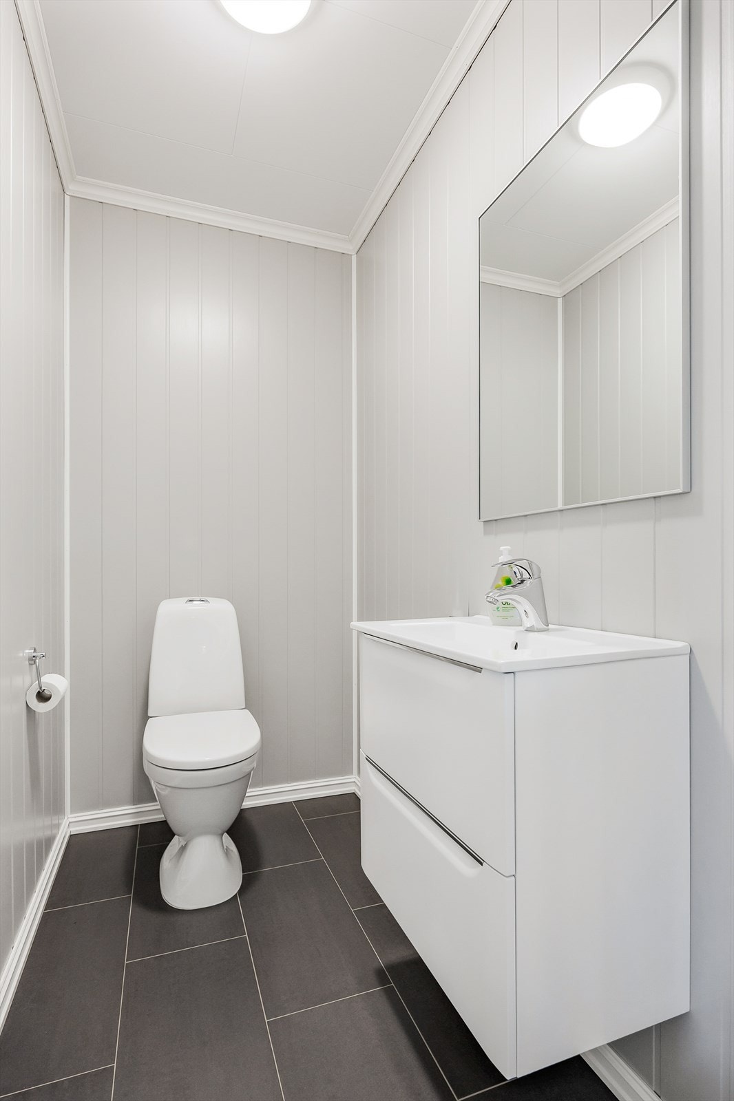 Toalettrommet er innredet med wc, servant i skapinnredning og speil. Galleribilde