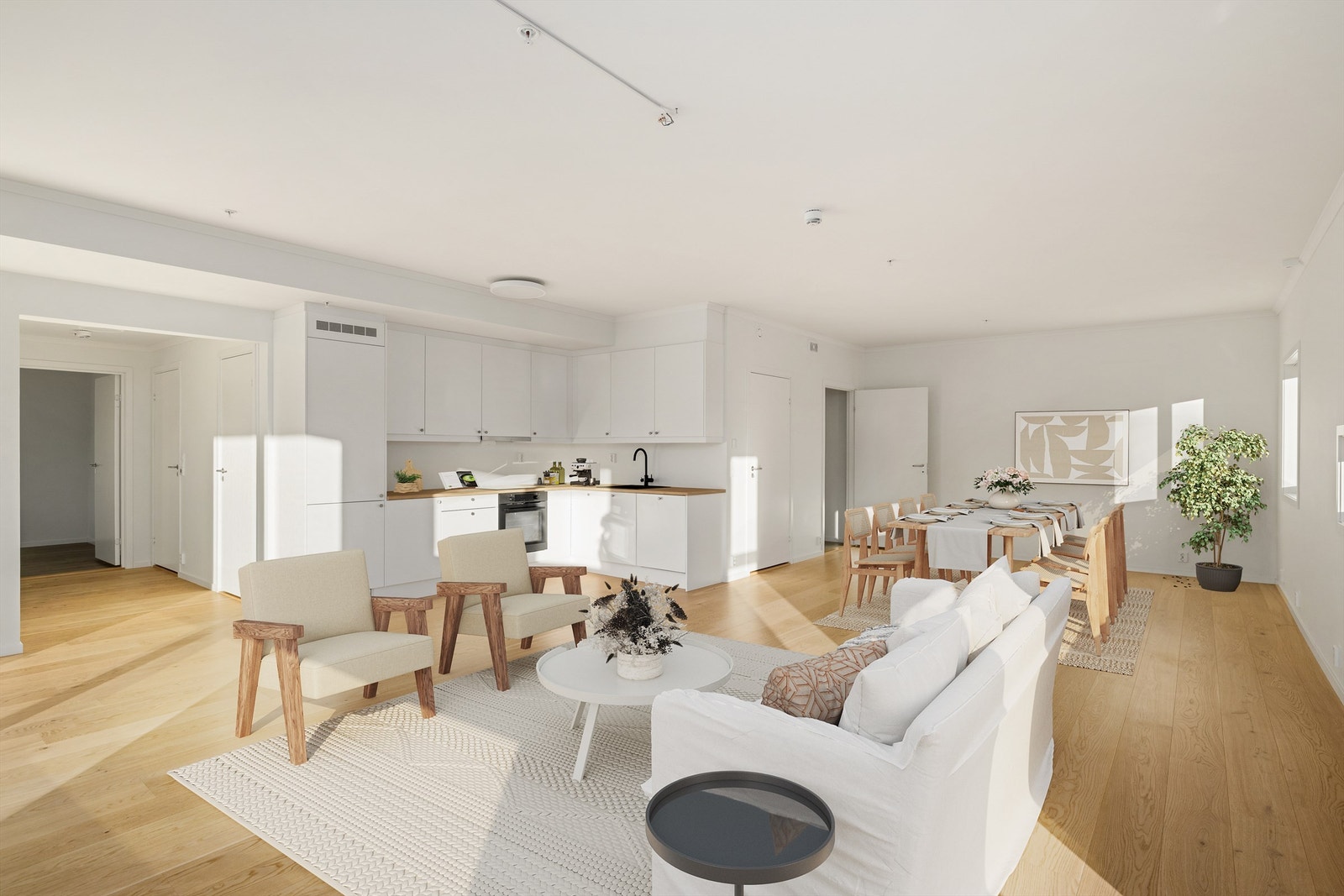 God plass til stort spisebord og sofagruppe (digitalt stylet). Galleribilde