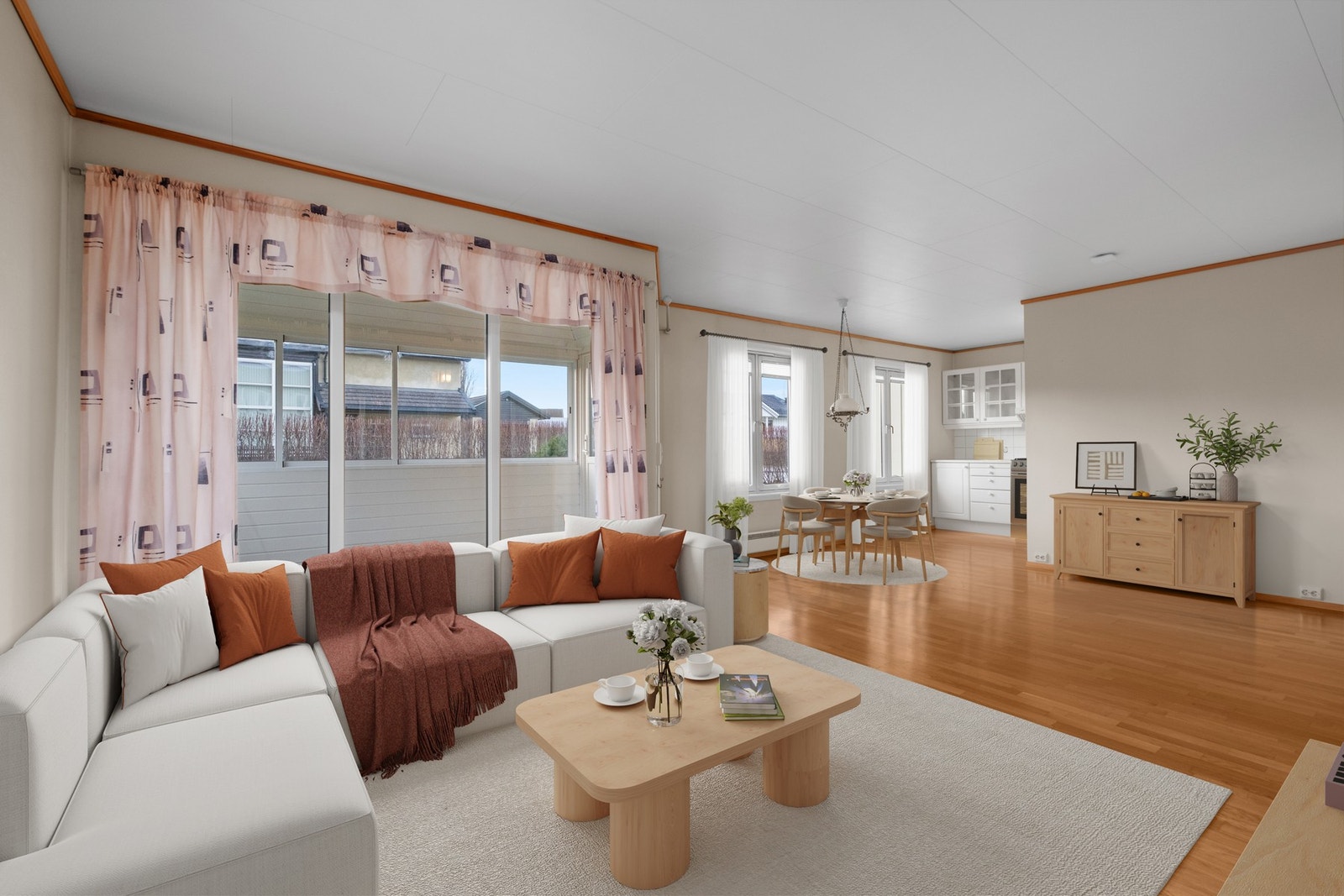 Lys stue på 26,5 kvm med parkett på gulv. Galleribilde