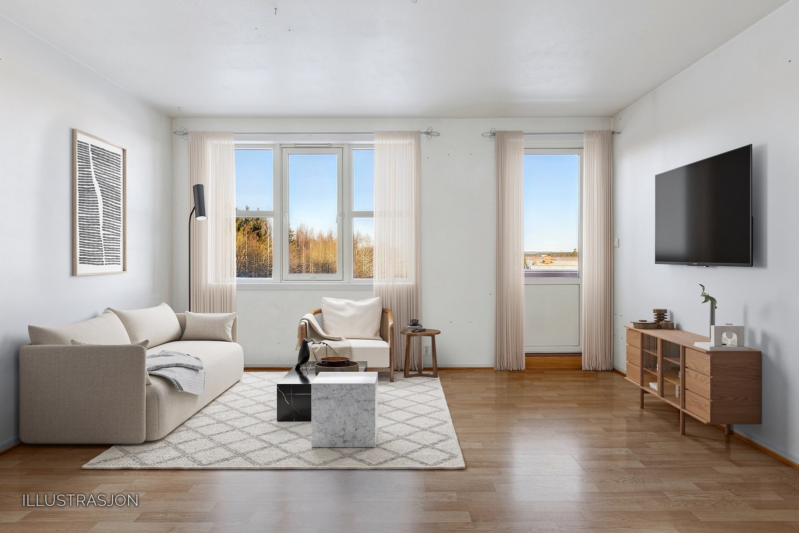 Lys stue med åpen løsning og direkte utgang til den vestvendte balkongen. Galleribilde