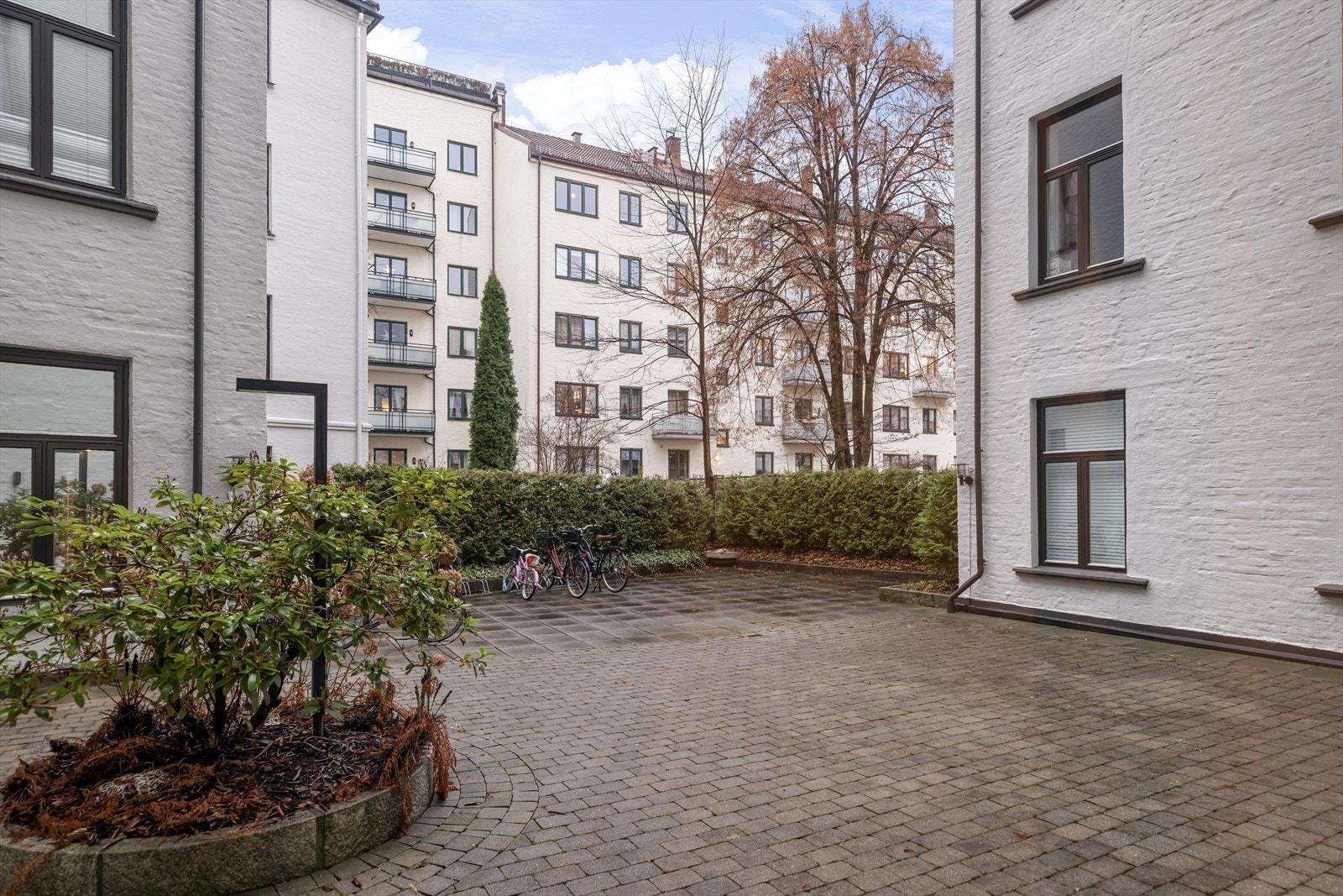 Flott bakgård med blant annet sykkelparkering. Galleribilde