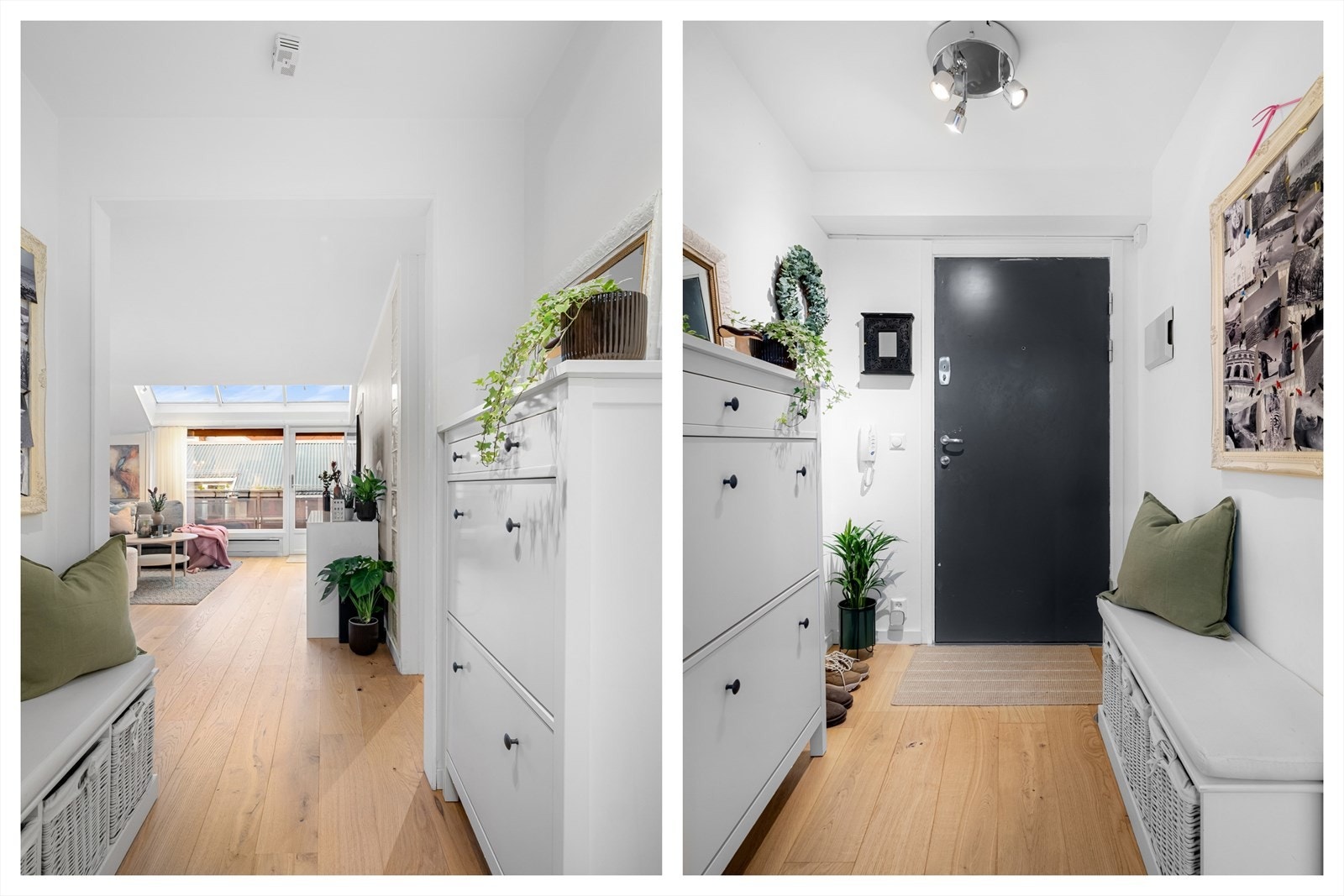 Heisen tar deg raskt og lett opp til 5.etasje hvor du møtes av det hyggelige inngangspartiet. Her er det god plass til oppbevaring av ytterklær og sko. Galleribilde