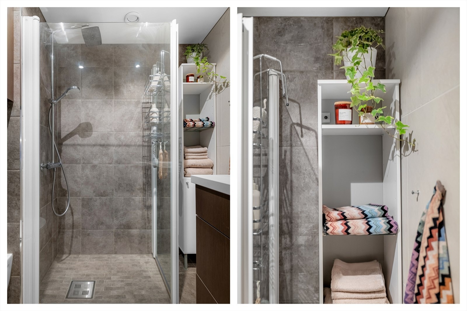 Dusjhjørne med rainfall dusj og ekstra hylle/skapløsning med ytterligere oppbevaringsplass ved siden av. Galleribilde