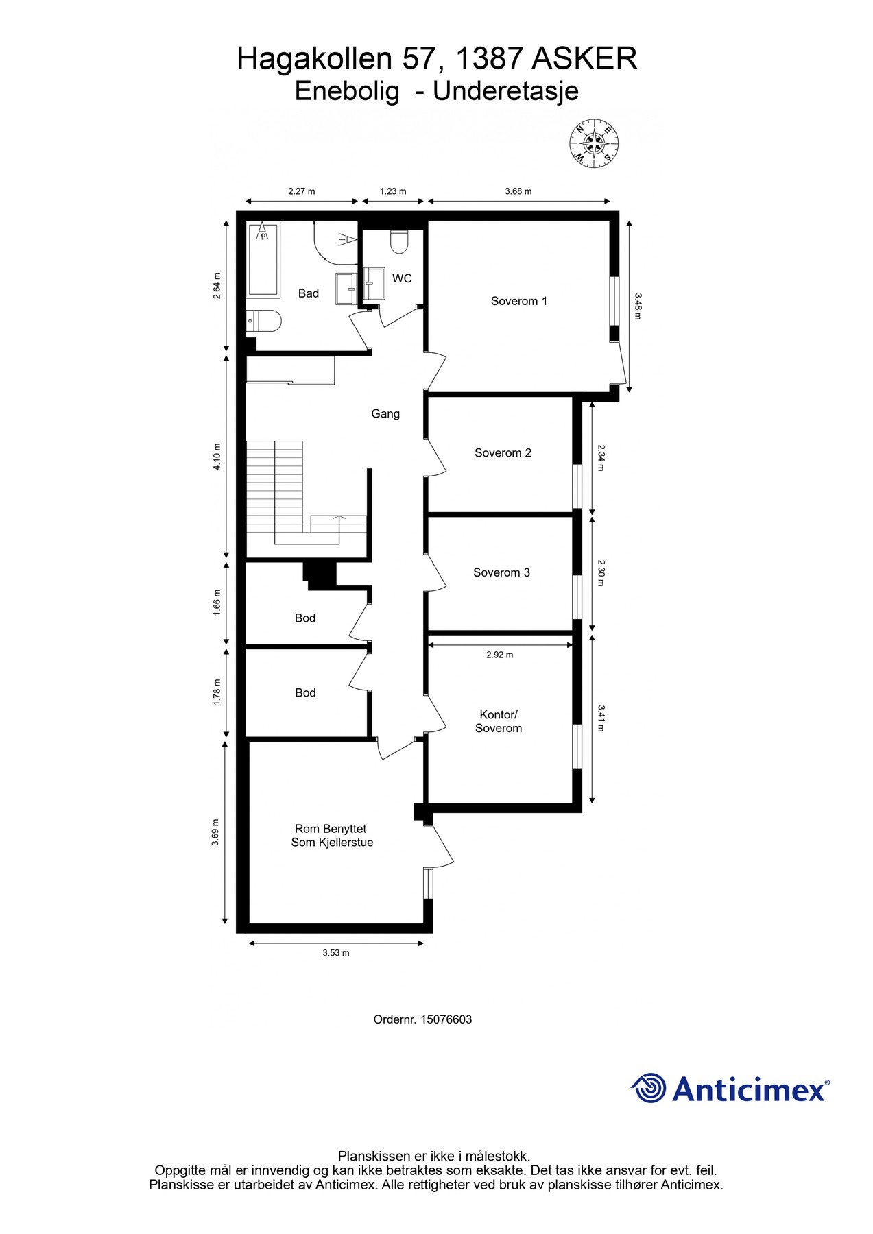 Underetasjen består av gang, bad, toalettrom (byggemeldt som garderoberom), fire soverom, rom benyttet som kjellerstue (byggemeldt som sportsbod) og to boder. Galleribilde