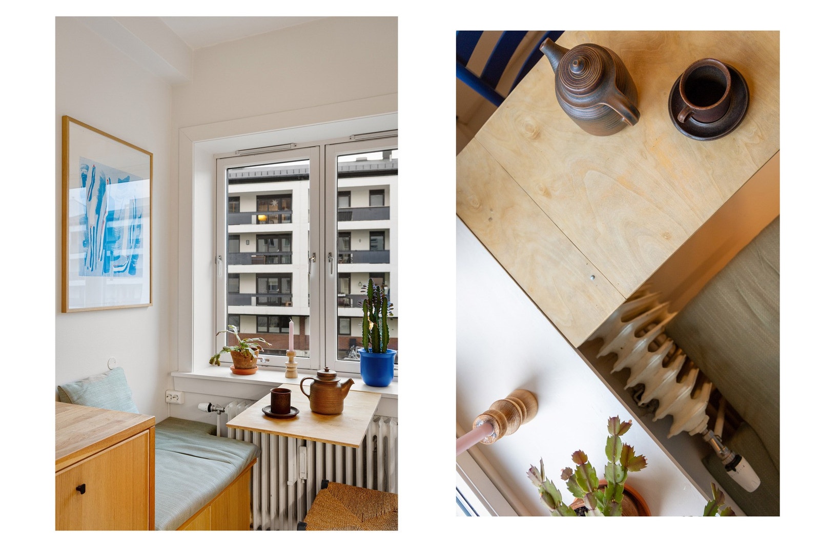 Legg merke til den spesialbygde bordløsningen ved vinduet, som følger ved salg. Tar ikke opp plass mens den ikke er i bruk. Kjøkken (og soverom) vender ut mot bakgård, skjermet fra bilvei. Galleribilde