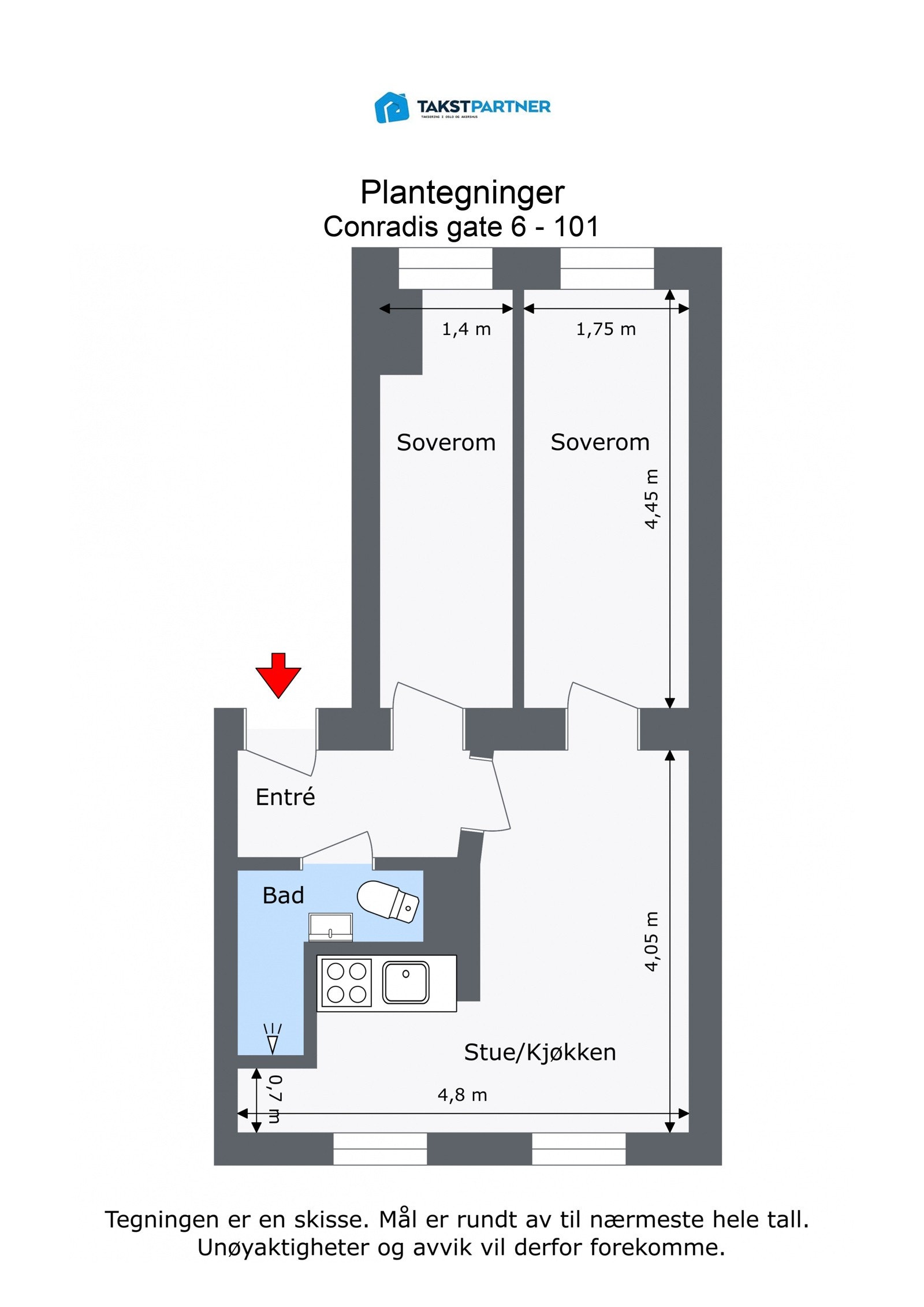 Plantegning 1. etasje. I tillegg disponerer leiligheten loftsbod med gulvareal på ca. 3m². Galleribilde