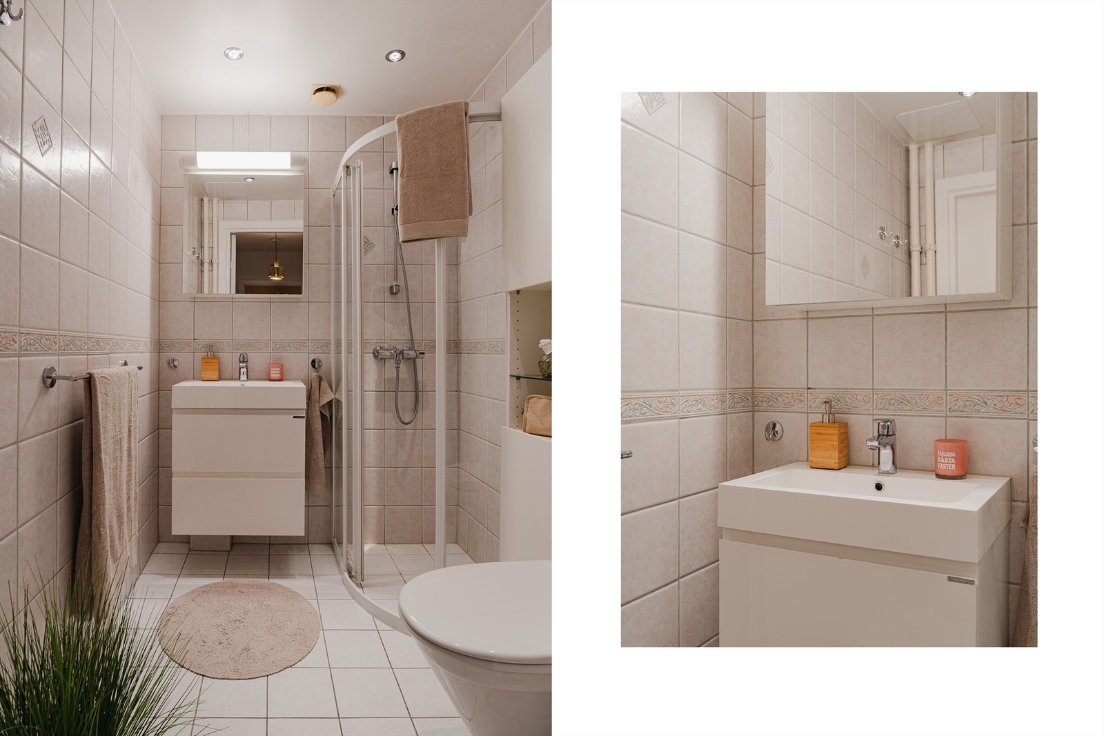 Det er gulvstående toalett, dusjhjørne med skyvedører i glass og ovenpåliggende servant over vegghengt baderomsskuffer. Galleribilde