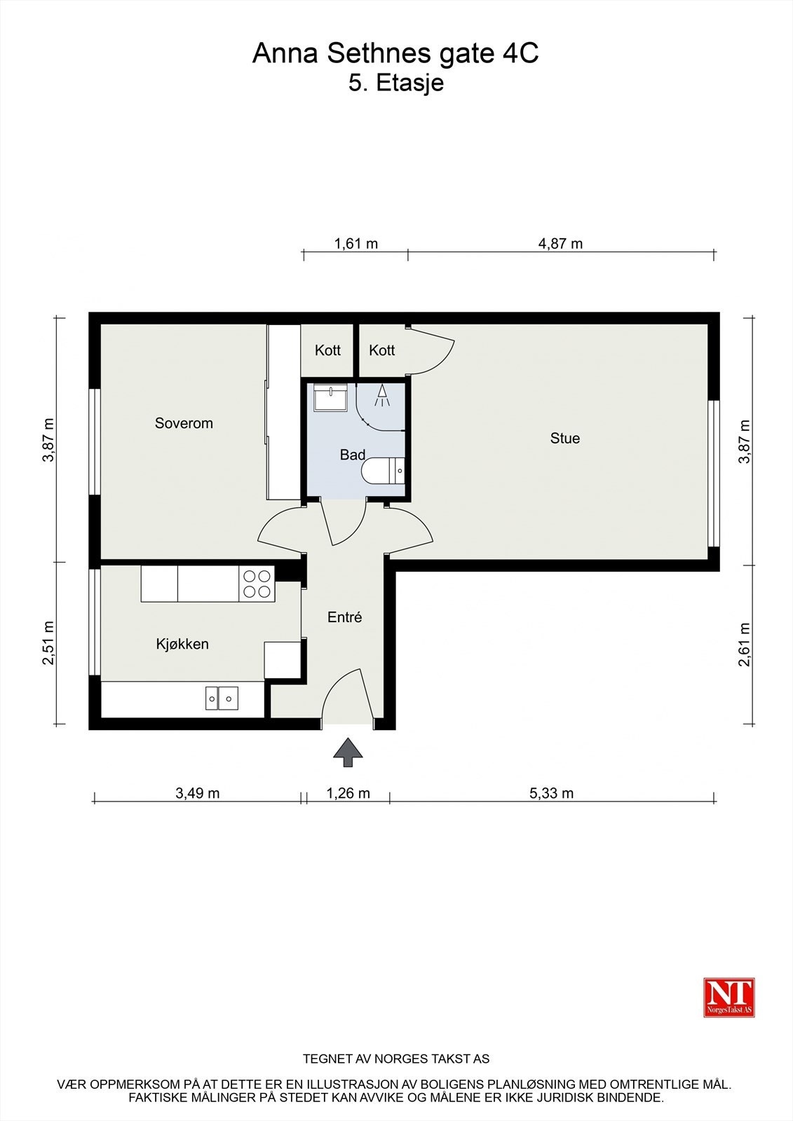Planløsning. Det er mulighet for å flytte kjøkken ut i stuen for å etablere et ekstra soverom i tillegg til å utvide baderommet ved å fjerne kottene. Kjøper overtar ansvar og risiko ved en slik ombygging. Galleribilde