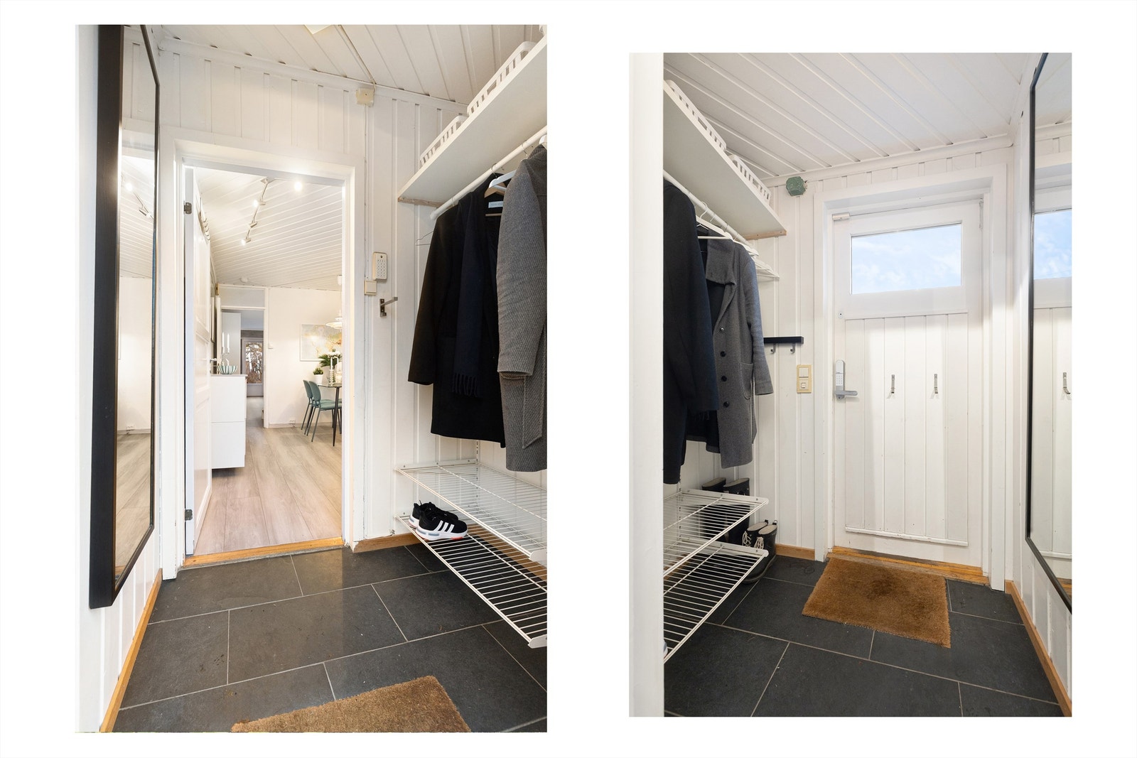 Praktisk entré med garderobeløsning, varmekabler i gulv og direkte tilgang til kjøkkenet og uteplassen. Perfekt for en funksjonell hverdag. Galleribilde