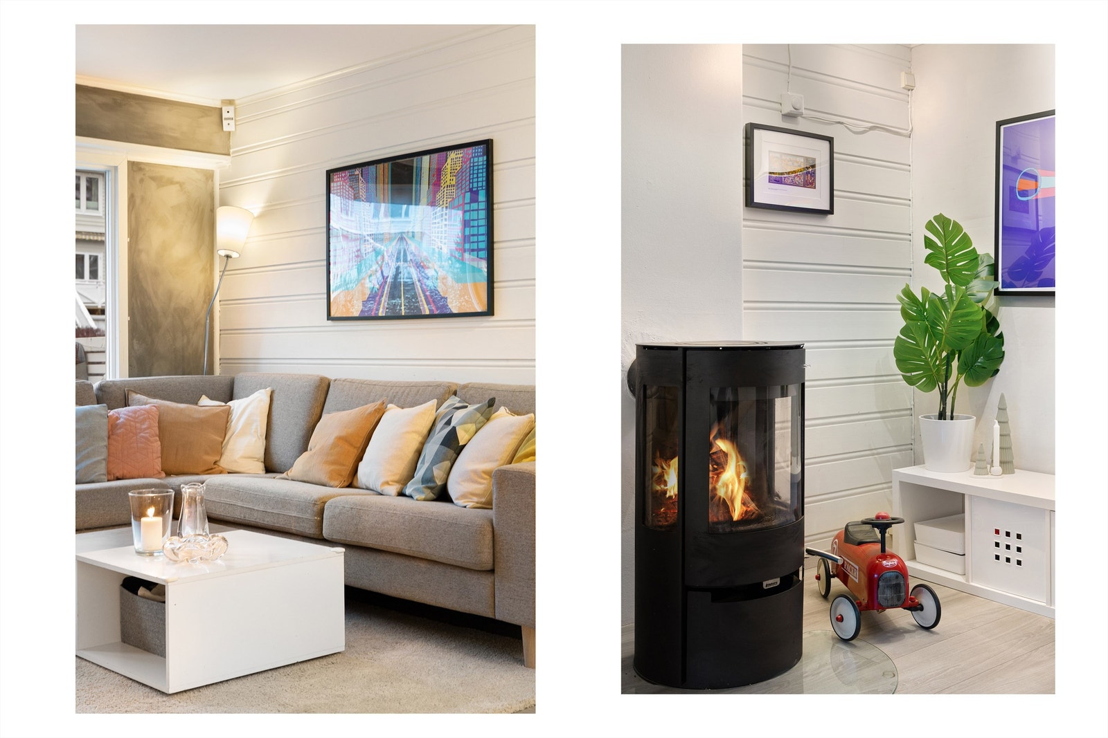 Det er stor fleksibilitet for innredning - her kan du enkelt kombinere sofagruppe, TV-løsning og andre møbler etter behov. Den stilrene peisovnen fra 2013 gir både varme og en hyggelig atmosfære! Galleribilde