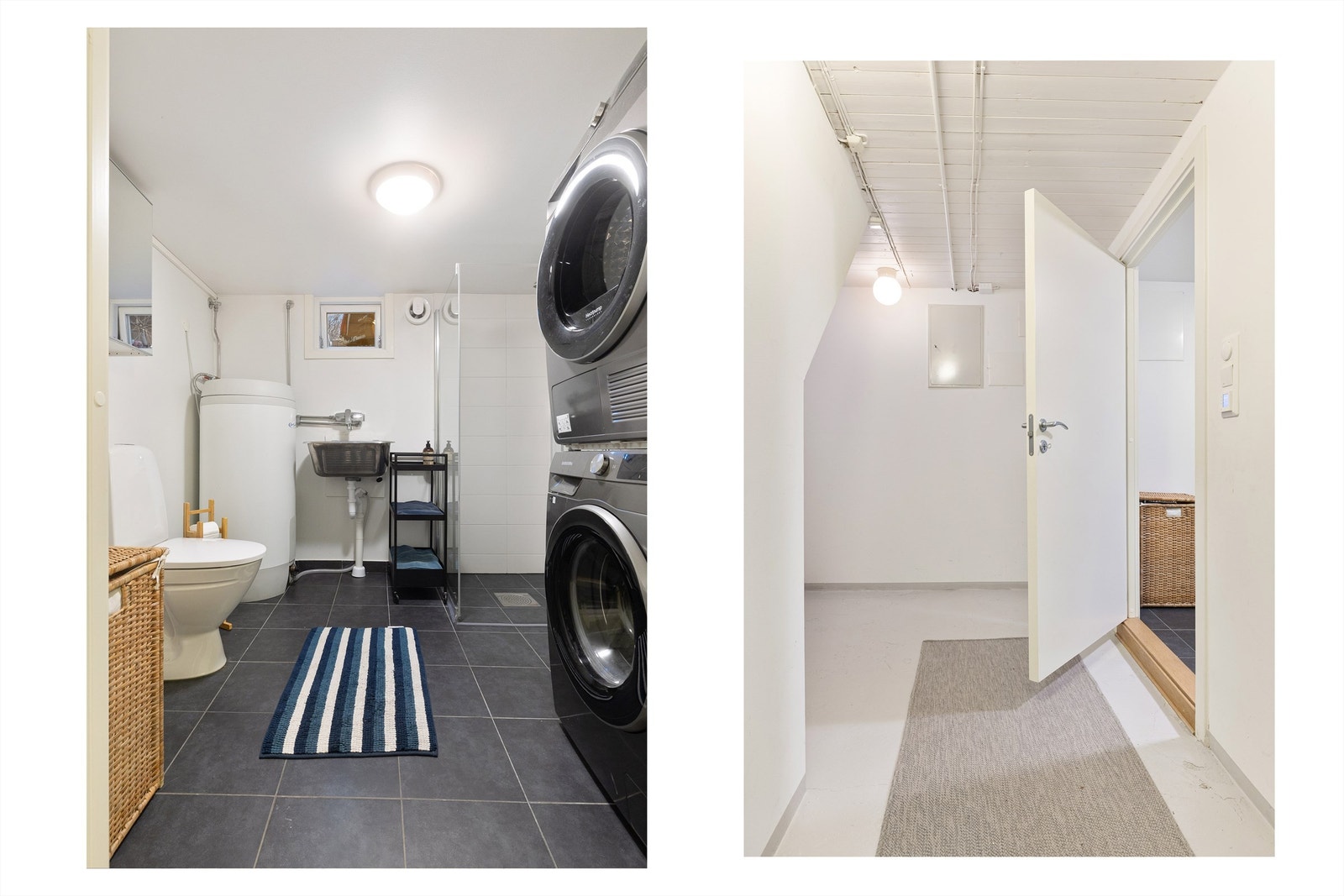 Videre i kjelleren finner vi et praktisk bad med toalett, servant og opplegg for vaskemaskin og tørketrommel. Badet ble bygget i 2018 og har god plass. Galleribilde