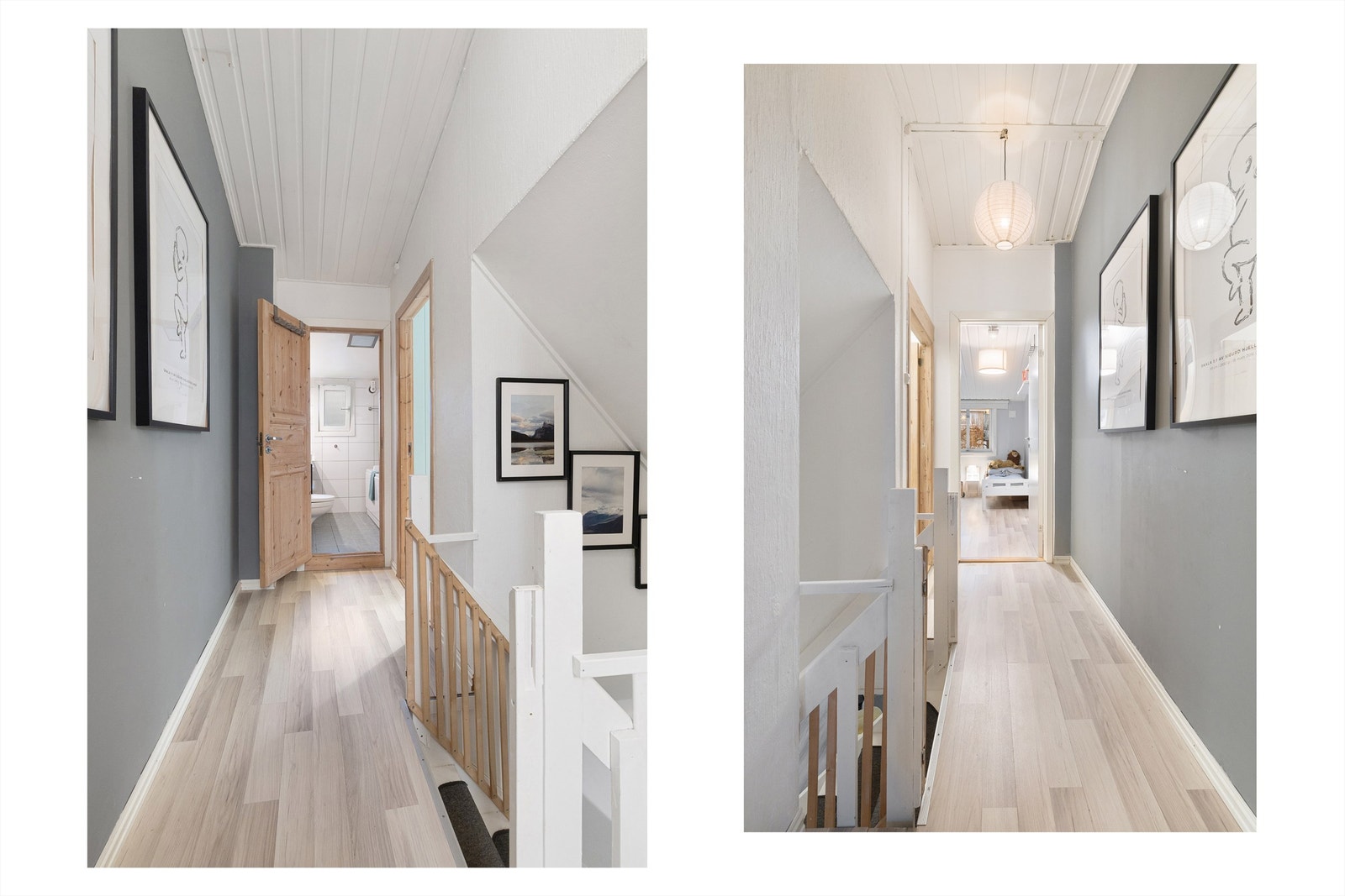 Når vi kommer opp trappen, møtes vi av en lys og innbydende gang. Herfra fører dørene til tre soverom og et bad. Galleribilde