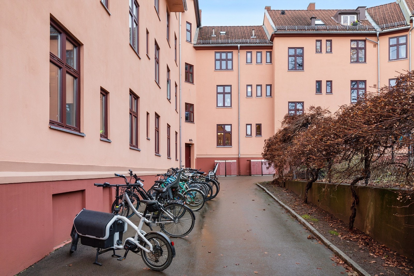 Sykkelparkering rett utenfor døren til bakgården. Galleribilde