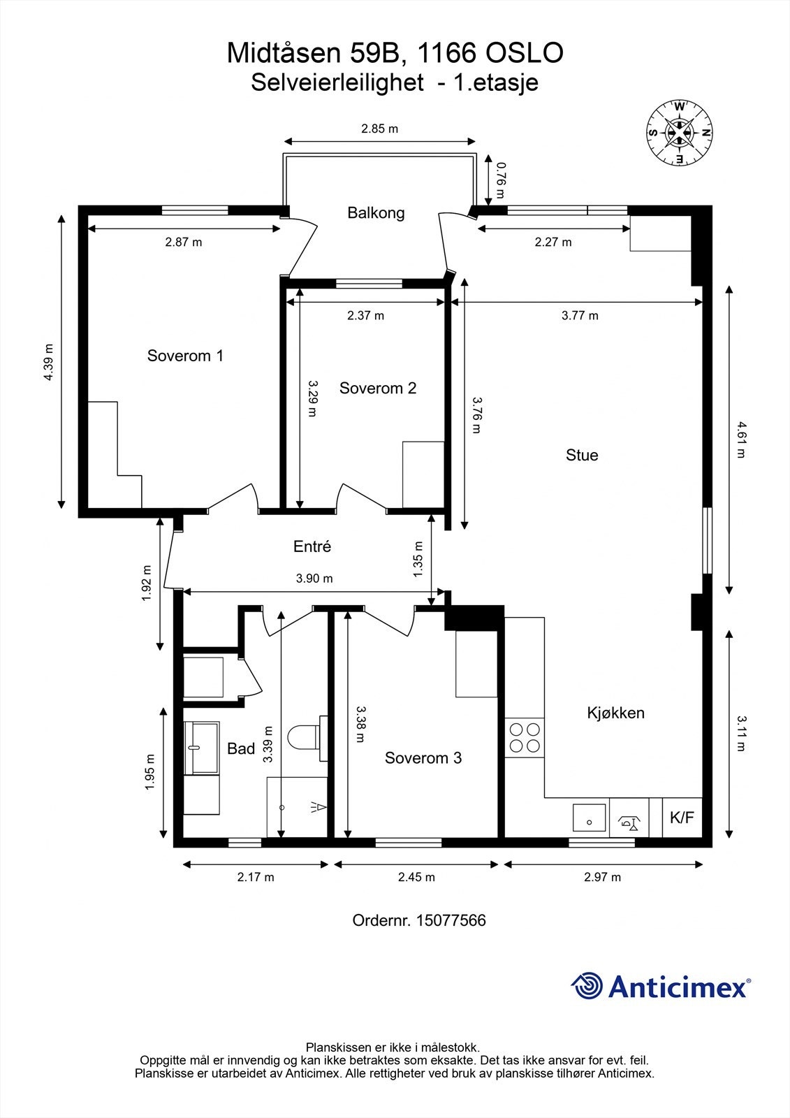 Plantegningen viser en arealeffektiv leilighet med tre soverom og en god planløsning. Galleribilde