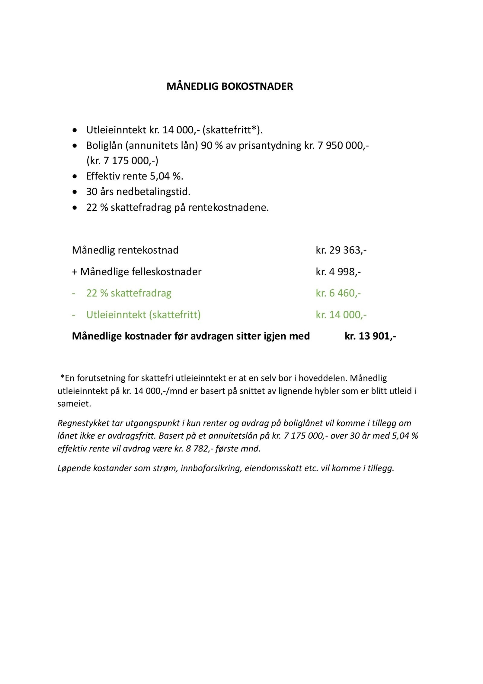 Utregning på ca. boutgifter ved kjøp til prisantydning og utleie av hybelen. Galleribilde