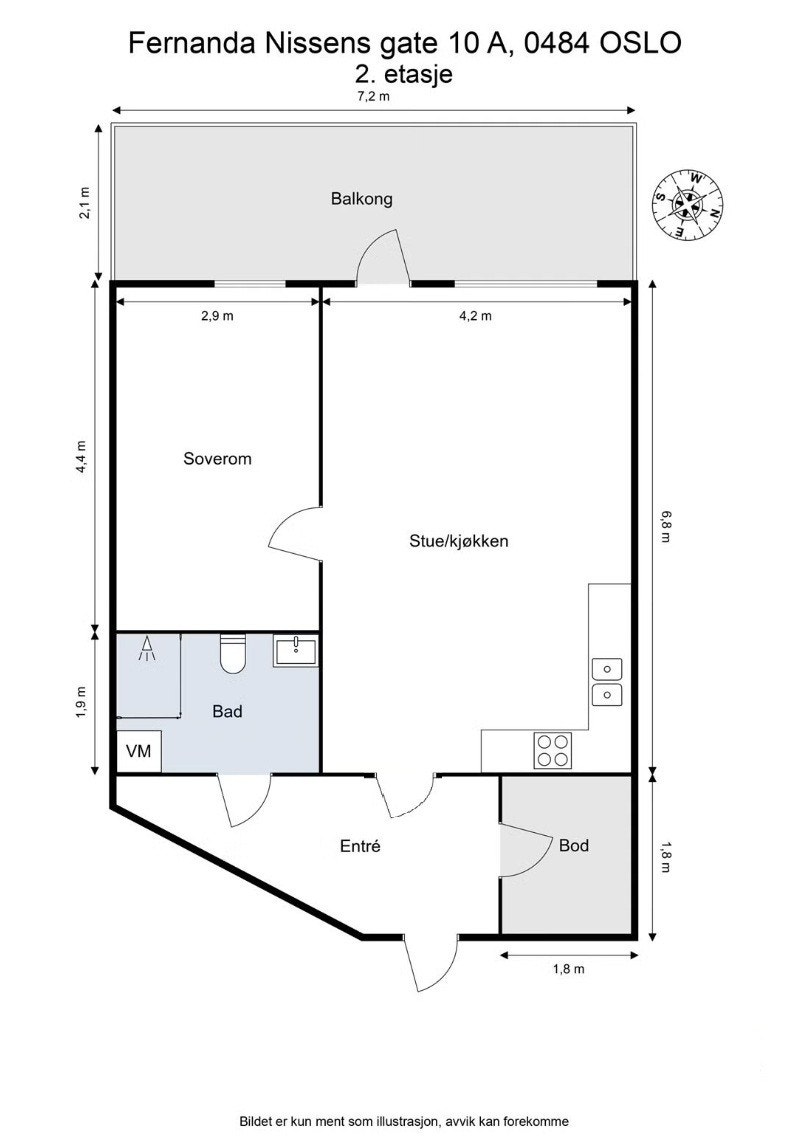 God planløsning. BRA-i er oppmålt til 59 kvm. I tillegg har du en ekstern bod i kjeller på ca. 5 kvm, og den vestvendte balkongen på 14 kvm. Galleribilde