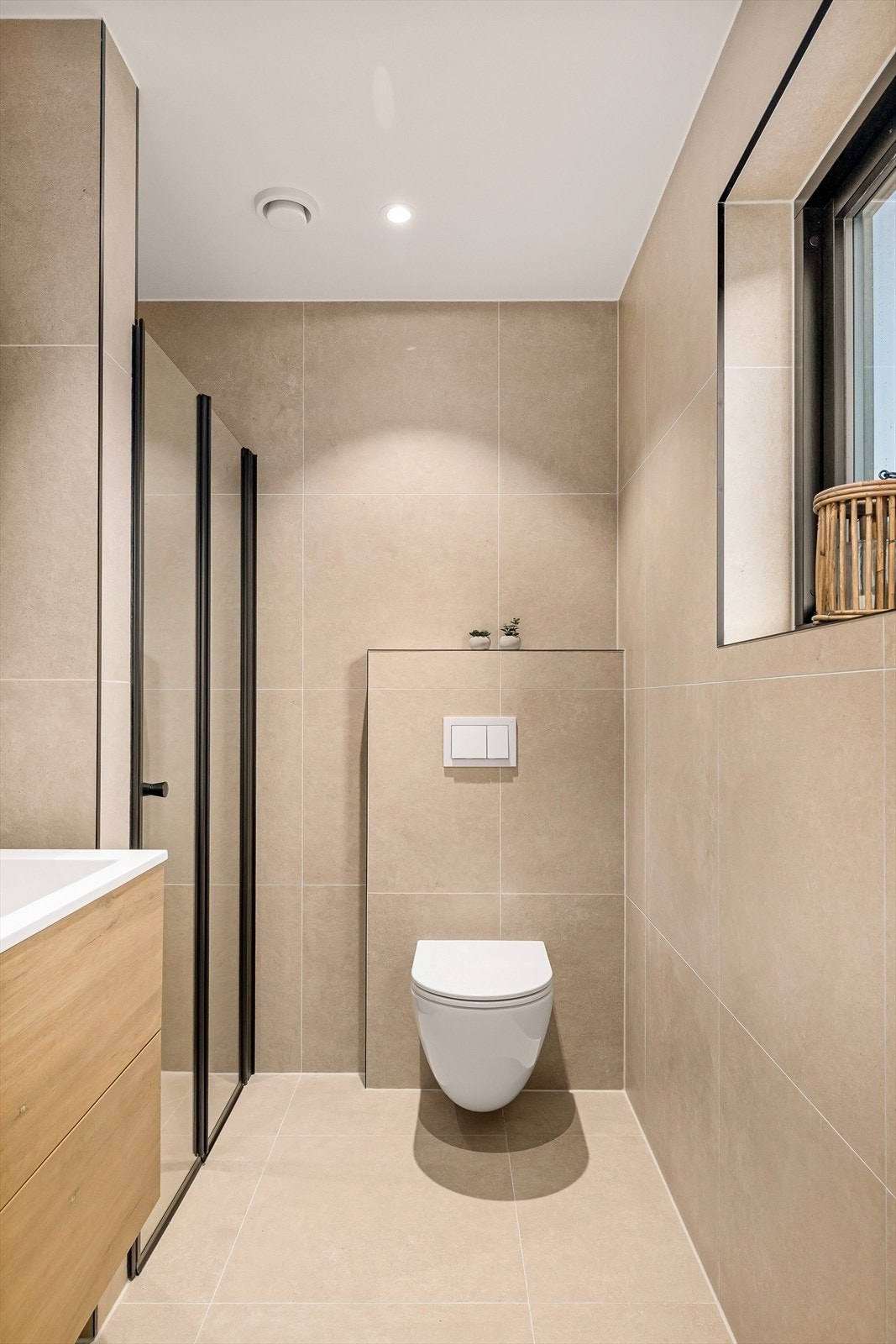 Servant i innredning, dusjnisje og vegghengt toalett. Galleribilde