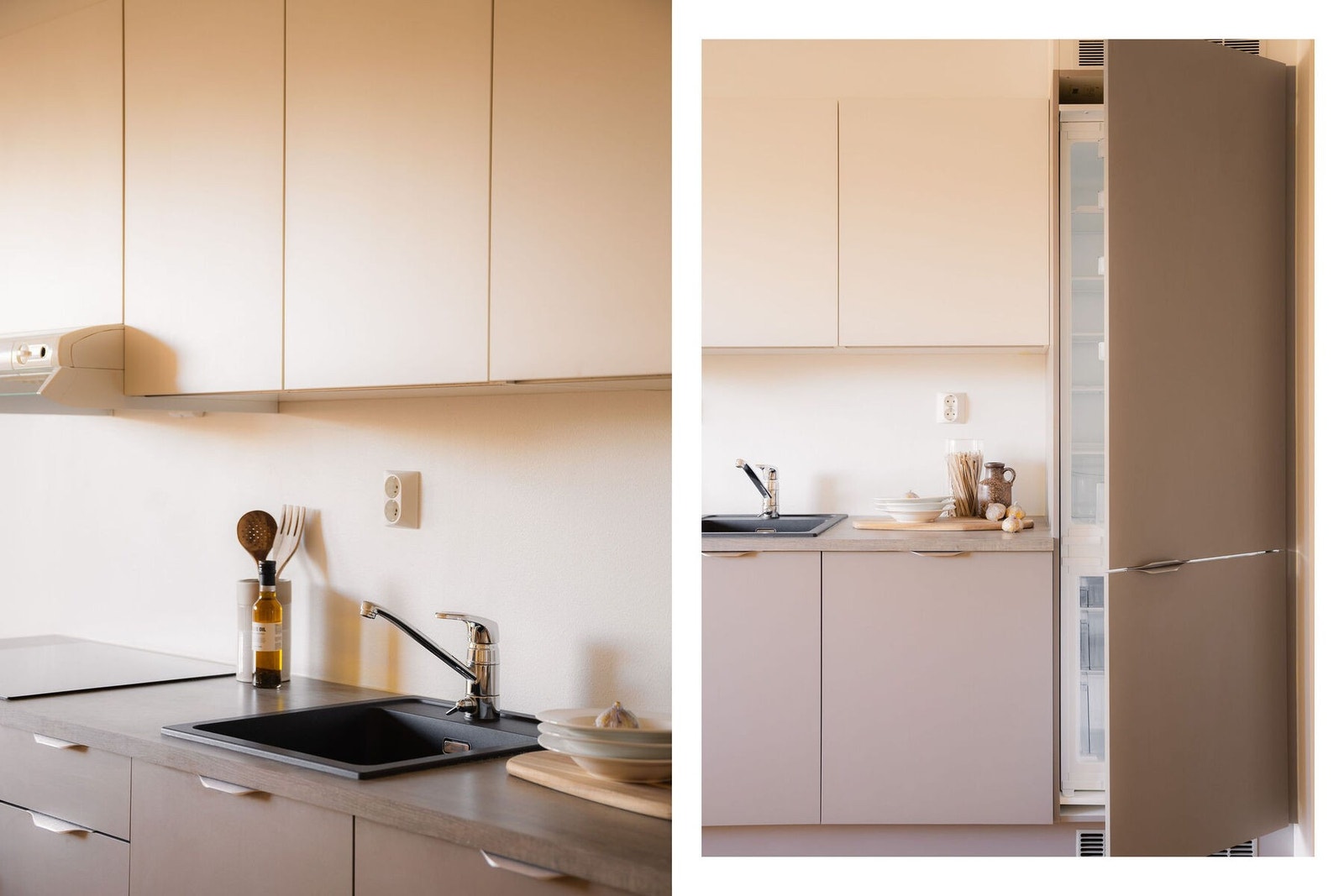 Godt med oppbevaringsplass i både under- og overskap, samt integrerte hvitevarer som: Koketopp, ovn, kjøl- og frys samt oppvaskmaskin. Galleribilde