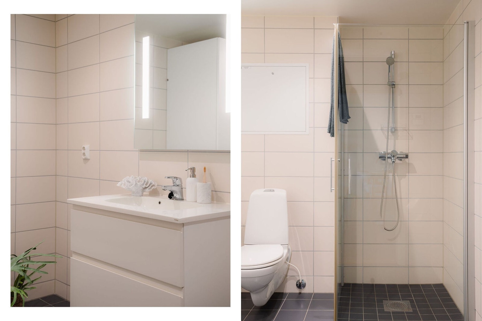 Badet byr på gulvvarme, downlights i himling og opplegg for vaskemaskin. Galleribilde