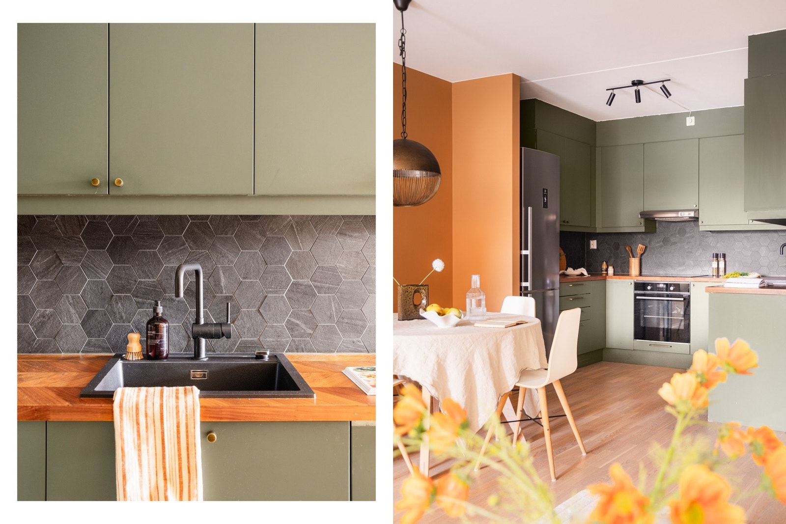 Praktisk lyslist under overskap gir godt arbeidslys, mens benkeplate i tre og moderne fliser mellom benk og overskap tilfører varme og kontrast. Galleribilde