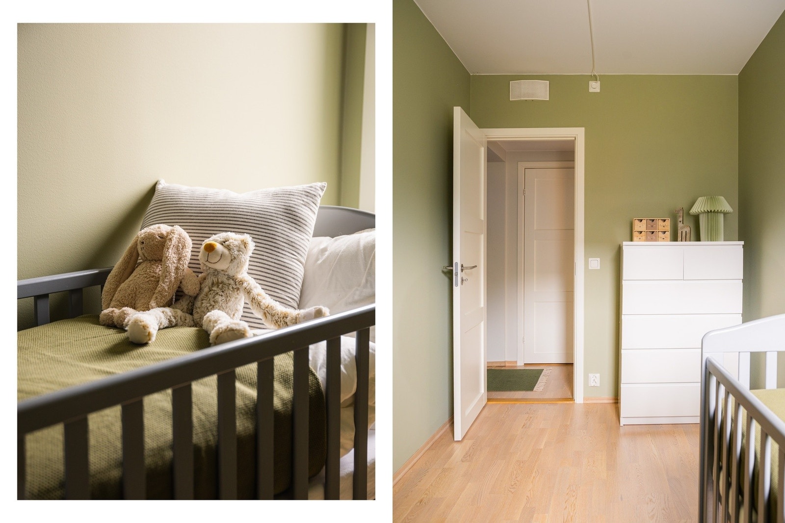 Rommet har parkett på gulvet, grønnmalte slette vegger, samt hvitmalt himling, og benyttes i dag som barnerom. Galleribilde