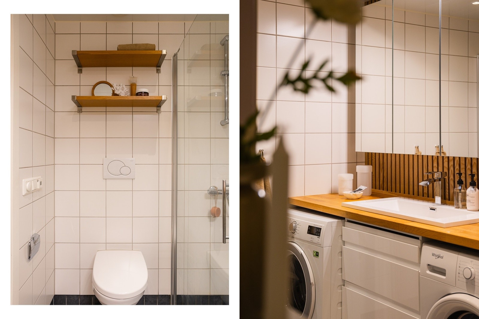 Badet er utstyrt med veggmontert WC, servant med ettgreps blandebatteri i innredning, dusjplass med inn- og utadslående dusjvegger samt opplegg for vaskemaskin. Galleribilde