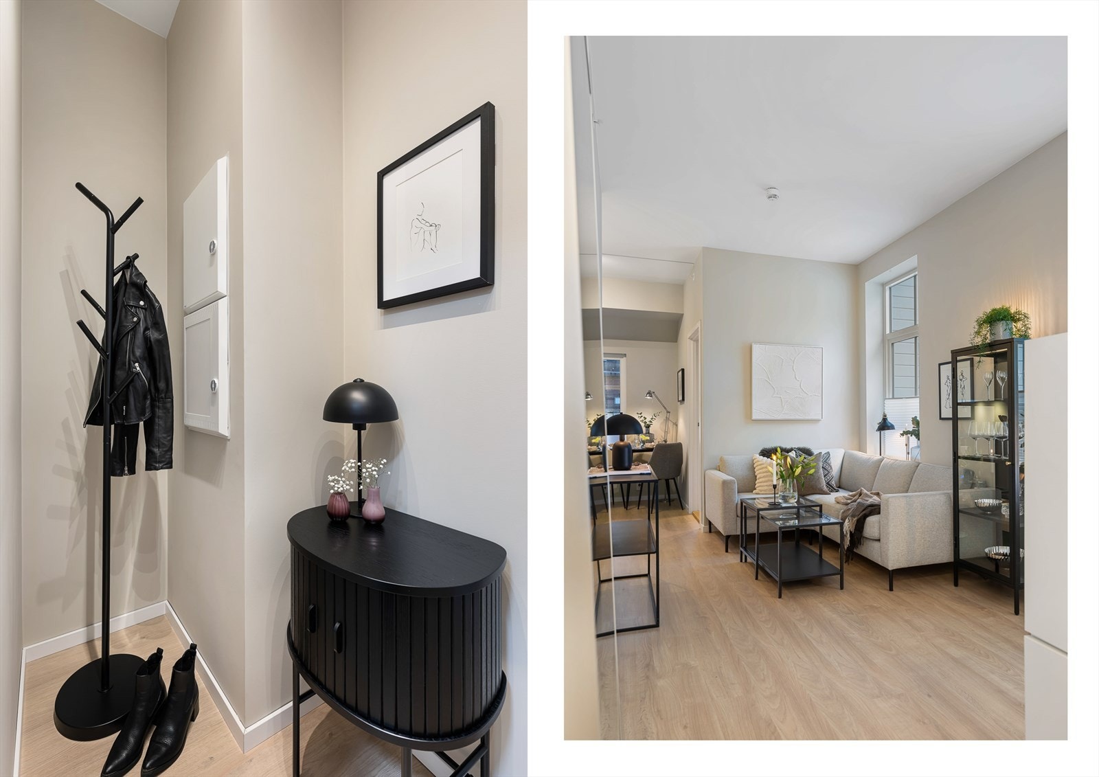 Velkommen inn! En plass å henge fra seg. Her har man grunnet god utforming en flott plass til å henge fra seg. God takhøyde gjør at med rette garderobeløsningen kan man få plass til det meste man trenger. Galleribilde