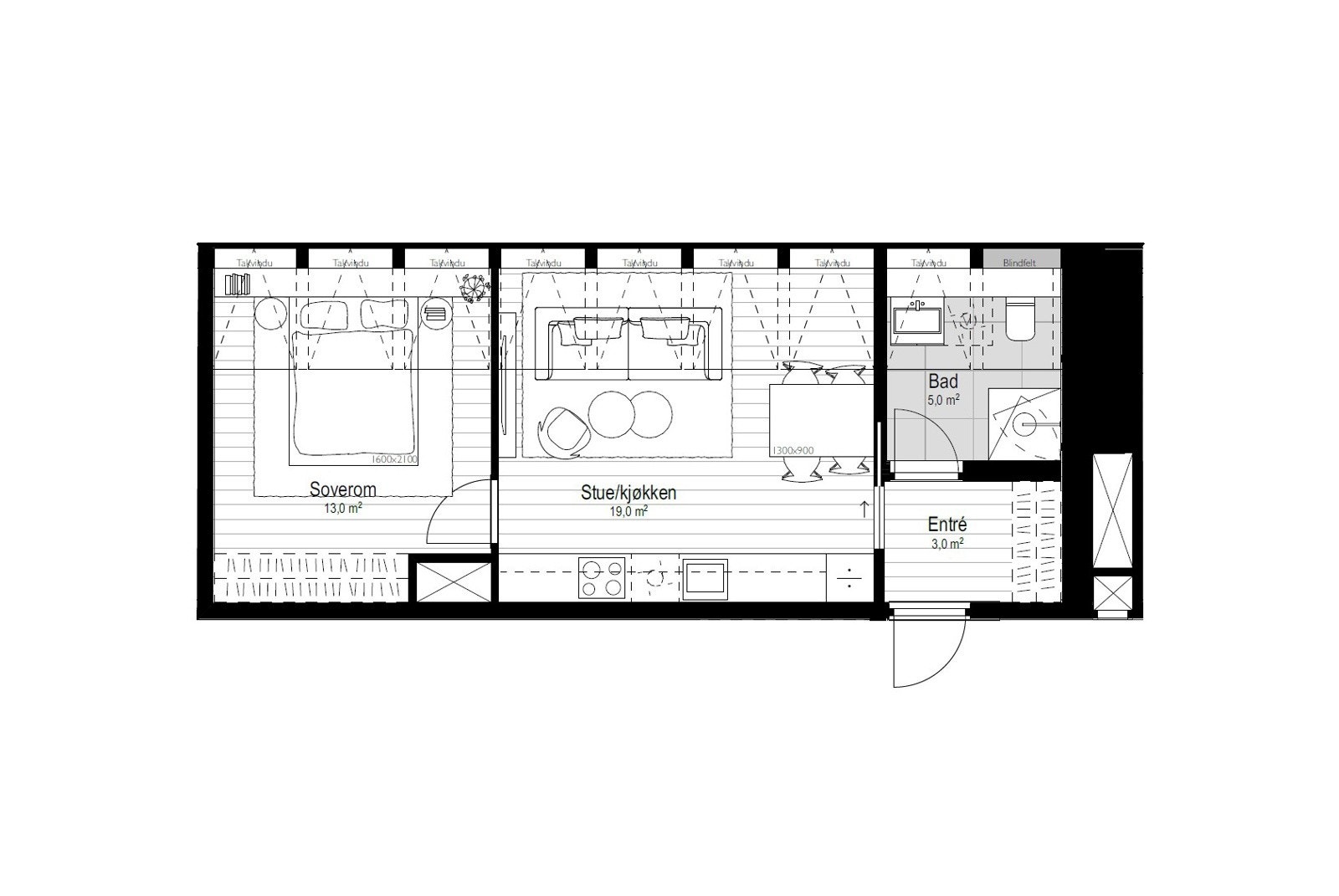 Velkommen til leilighet 502. Annonsen gjelder salg av kontraktsposisjon i prosjektet. Galleribilde