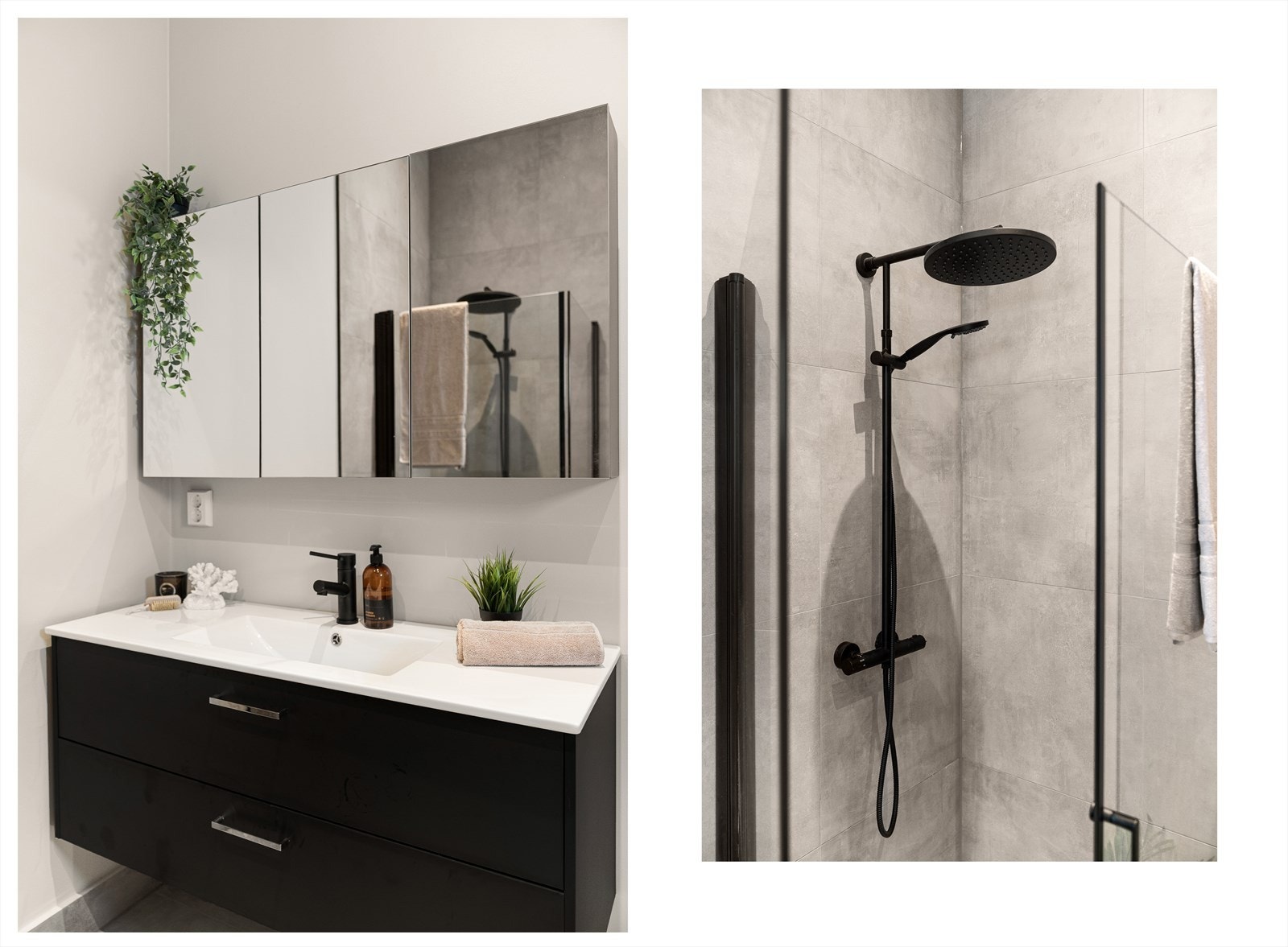 Gjennomført stilren design, speilskap og svart dusjarmatur. Elegant og praktisk løsning for en komfortabel hverdagsopplevelse. Galleribilde