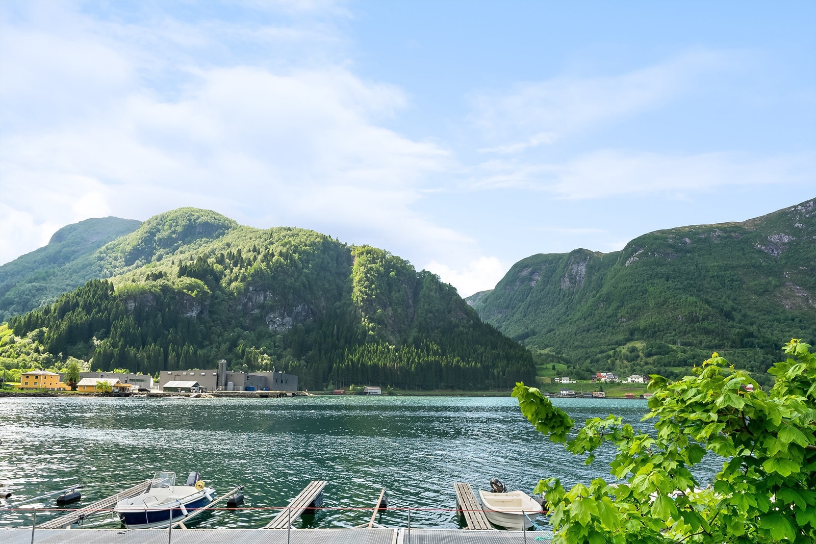 Fin utsikt mot småbåthamna, fjorden og fjella ikring Galleribilde