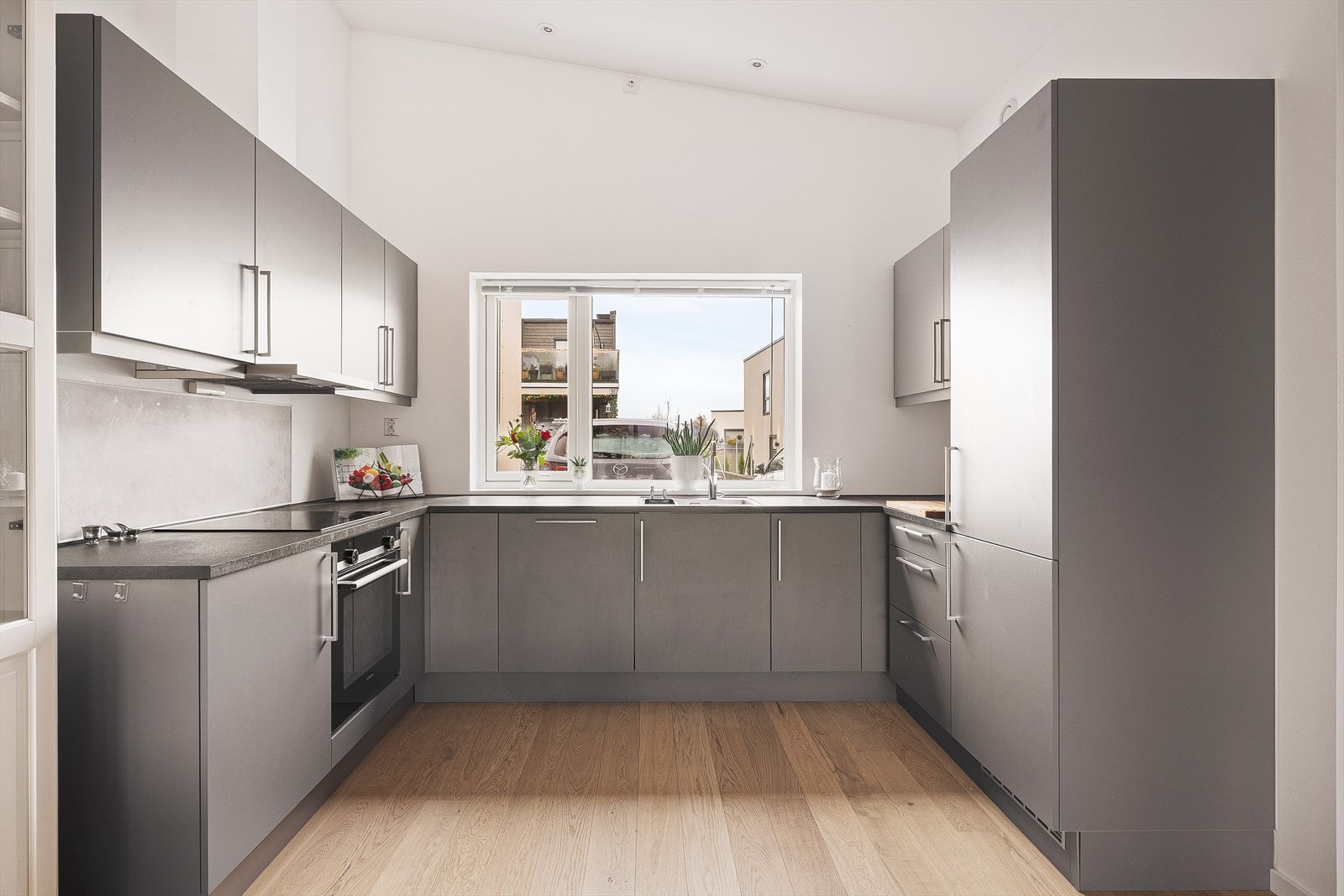 Stekeovn, platetopp, oppvaskmaskin og kjøleskap/frys er integrert. Galleribilde