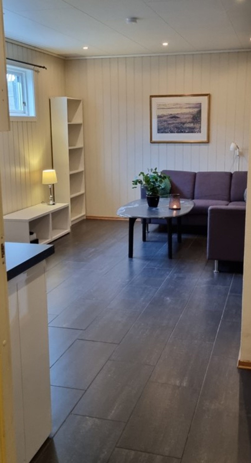 Bilder fra nåværende eier: Innredet rom i hybeldelen med god plass til både sofa og spisegruppe, og praktisk utforming som gjør rommet lett å møblere. Varmekabler. Galleribilde