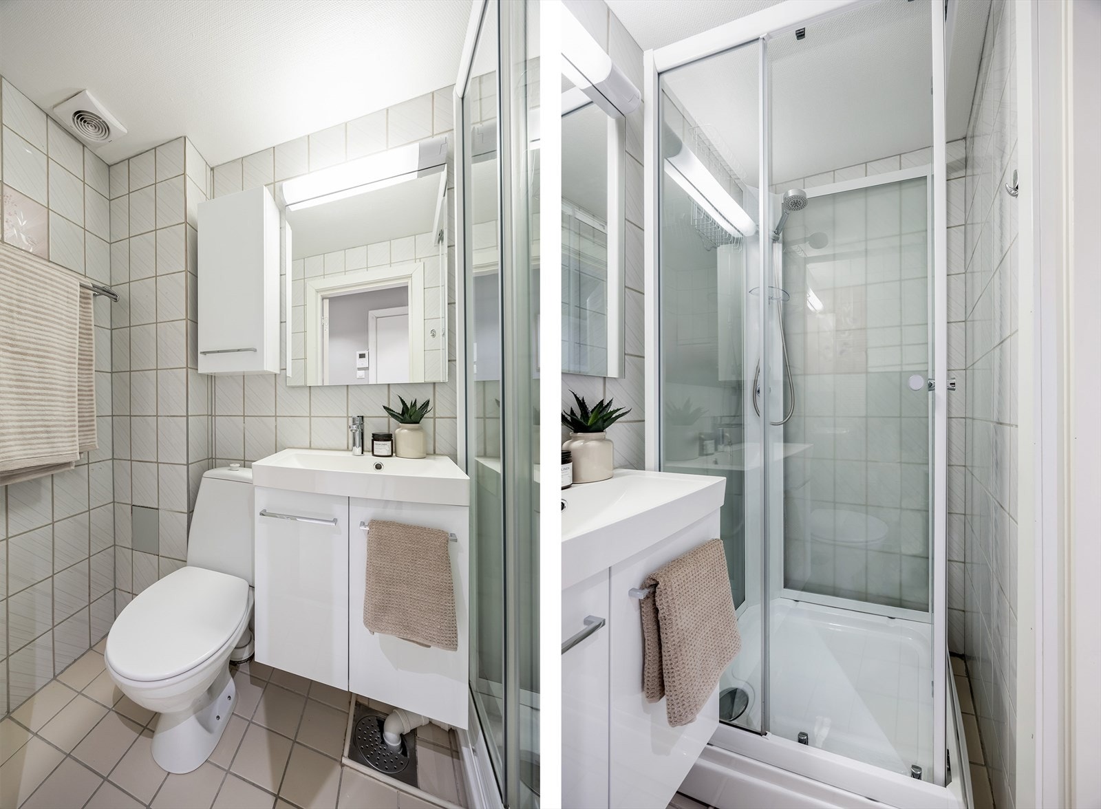 Helfliset baderom innredet med servant, dusjkabinett og gulvstående toalett. Galleribilde