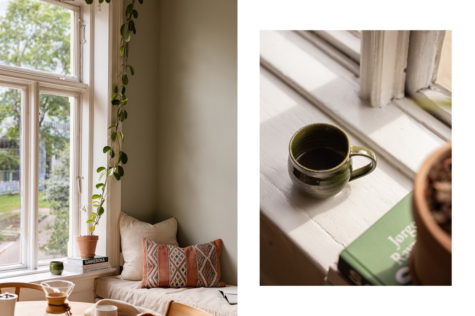 Spesialtilpasset benk tilknyttet spisebordet. Galleribilde