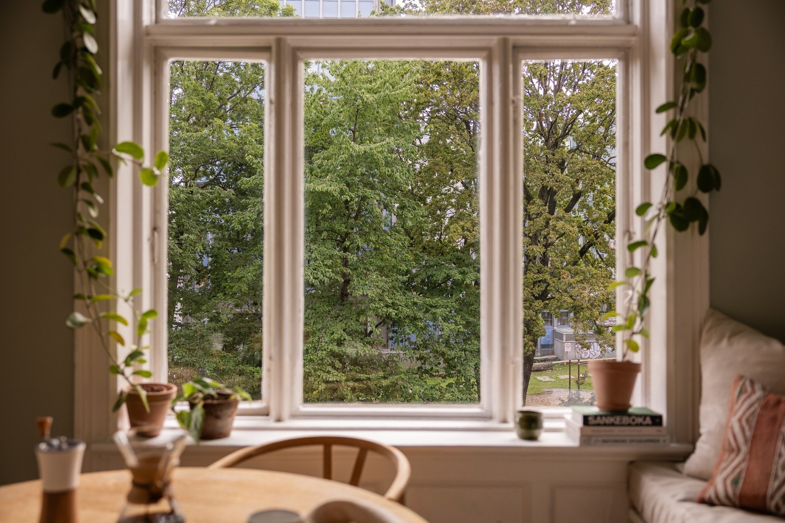 Fra stuen og kjøkkenet kan du nyte et helt unikt utsyn mot grønne omgivelser med trær og fugleliv. Galleribilde