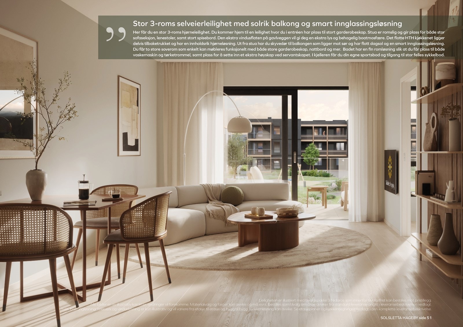 Pen 3-roms leilighet med innglasset balkong på populære Solsletta Hageby Galleribilde