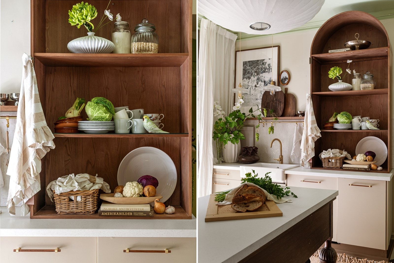 Merk innredning, hyller og skap av valnøtt-finer. Galleribilde