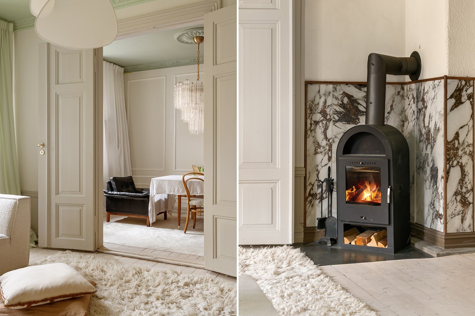 Som man ønsker seg er det doble fløydører inn til spisestuen. Merk også marmorflisene rundt peisen Galleribilde